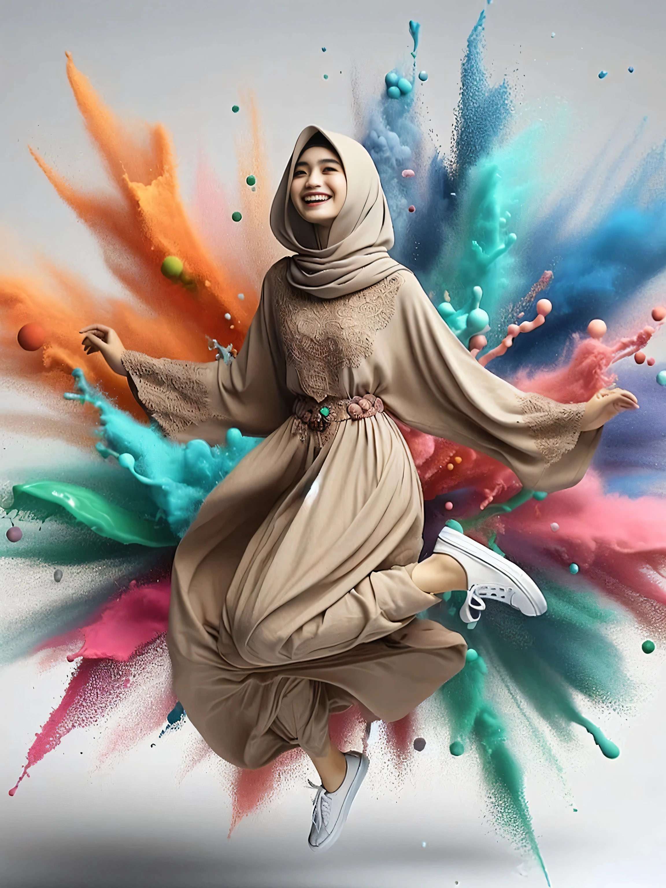 arafed woman in a hijab jumping in the air with colored powder, realism art, inspired by Fathi Hassan, hijab, with beautiful colors, inspired by Shaddy Safadi, colourfull, inspired by Rudy Siswanto, inspired by JoWOnder, by Abidin Dino, by Rudy Siswanto, inspired by Nazmi Ziya Güran, in colors