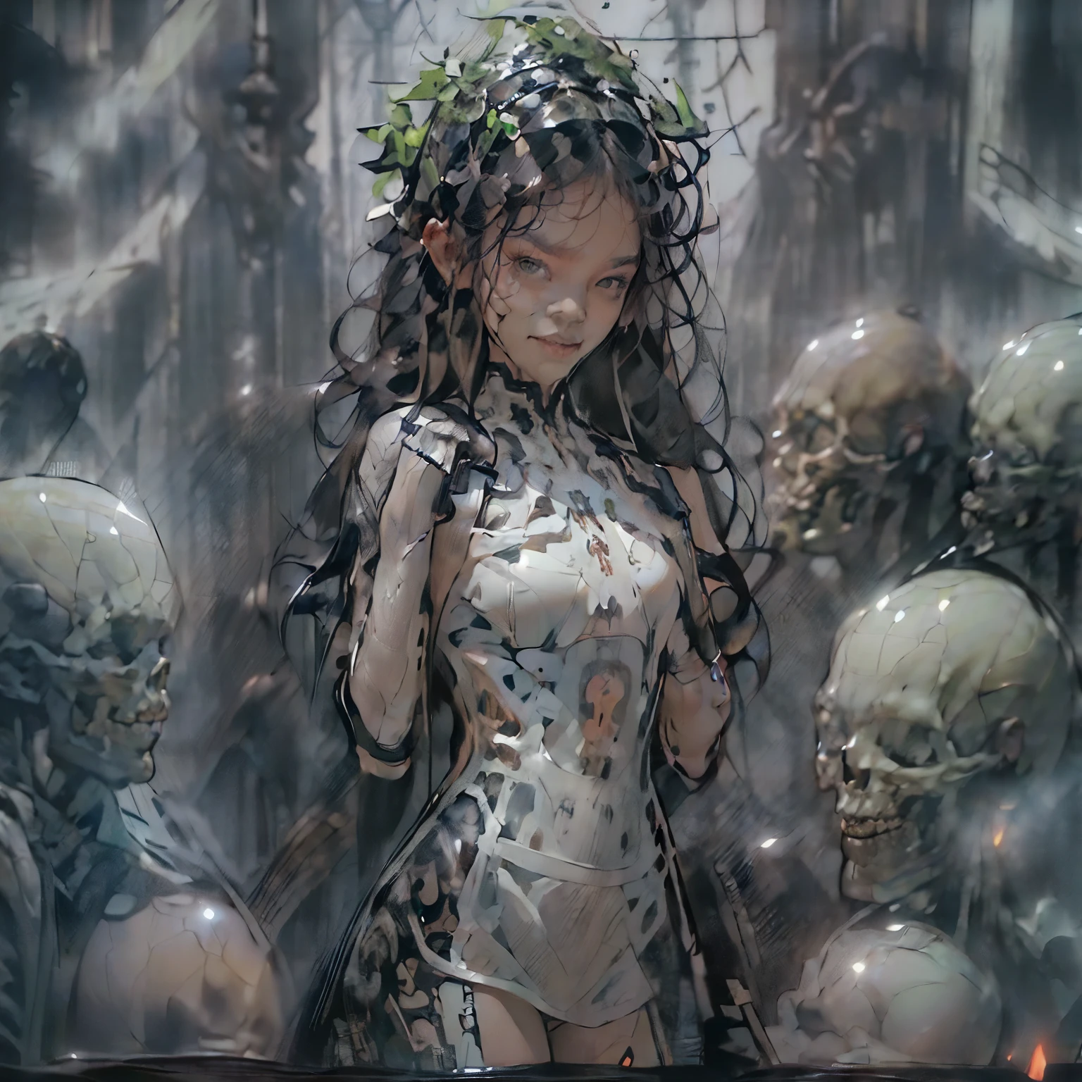 (((Create one girl 16+), (smoke, fire), (fantastic scene), (dramatic, lighting)))_(((Little loli, petite, chibi, full height), (thin graceful body, in full height - standing, firing from a powerful modern weapon), (beautiful figure, half a turn)_(16+ years)))_(((Lovely girl, small peach breasts, graceful figure, narrow waist, smooth hips )), ((long double braids), (tight braids), (braided hair), (long time haircut), (dark hair, black hair)))_((Scarlet lips)), ((smile)))_ (((Shiny skin:1.5, white skin, light skin: 1.5, shiny body)))_(((Detailed face)), ((sexy), (erotic), (cute, kawaii), (nsfw))) _(((Bare shoulders, black lace dress)), ((black chiffon dress, very short dress))_(((tight-fitting), (black), (transparent lace dress)), ((stands almost completely naked , with a small amount of clothing)), ((tiny thongs)), (arms in elbow pads, palms wearing tactical gloves), (bare thighs, thong, bare stomach, minimal clothing), (legs in combat knee pads, thigh-high stockings - sexy)), ((massive leather lace-up boots)), ((looks seductively at the viewer, y at the viewer, embarrassed smile, shy, sexy, erotic)))_(((Dark background, realistic painting, digital painting, high quality)) _((Background, fantastic ship lock),(films; Lucas Arts, R.S. Giger "Alien", Giger's monsters)), (stunning scene in a spaceship)), ((alien flowers, skulls)), ((decorative dark background)),((stunning white alien lilies),(extremely unusual)),((spaceship-water, skulls)),((white lilies-large stems)))_(((Bright colors, cold soft shadows), (warm contrasting light, bright theme)),((high contrast, photorealistic graphics:1.37)),((digital painting, oil painting, wide wet brushstroke)),((best quality,4k, high resolution,masterpiece:1.2)),((ultra detail),(realistic, photorealistic, photorealistic: 1.37 )), ((painting-professional execution)))_(((Cinematic, digital painting),(soft clear forms, wide strokes, attention to detail),(clear elegant line, color shading)))_(((High quality, 16K | Ultra HD | Full HD))).