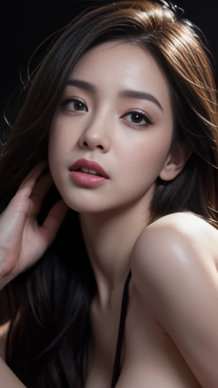 8K, Top Quality, Intricate Details, Ultra Detail, Ultra High Resolution, Masterpiece, random angle, Slender, Smile, (Makeup: 0.4), (Fluffy Blue Eyes: 1.21), blue Eyes, looking at viewer, ((full body)), 1girl, solo, 1 girl, (( full body)), close up shot, , ((tall)), (((fit body))), (((slim face))), sharp face, sharp eyes, (((black hair, long hair, )) , (detailed face), sharp face, small lips, windy ,
(( )), ((black dress)), detailed face, detailed breast, , large breast, detail ass, , Beautiful girl with accentuated slender abs: 1.4, Six Pack Abs: 1.4, Bust Botox, Big, Perfect Body, detail leg, (( moonlight)), top of mountain
