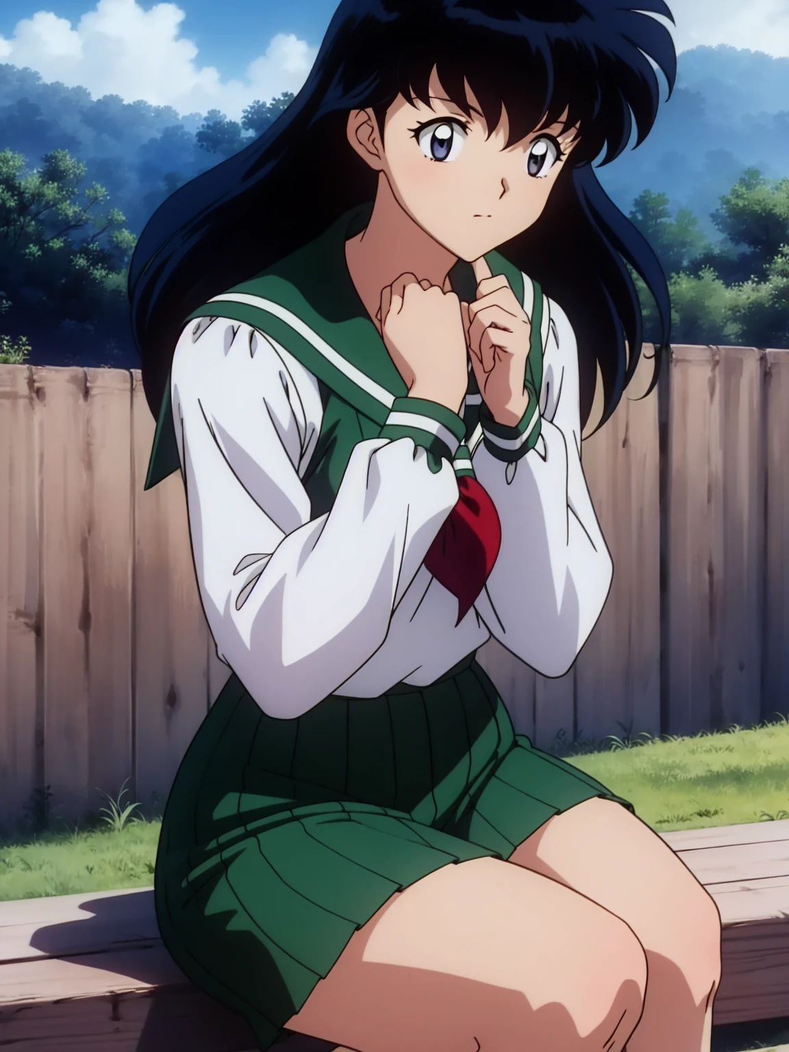 (Masterpiece: 1.6, Best Quality), (Fine Beautiful Eyes: 1.2), (best quality, masterpiece, highres), kagome higurashi, 1girl, solo, green , soft thighs , long sleeves, white socks, scenery , Best Quality, ((anime)) ((Colored)) HD, ,Sitting, Green skirt, Red scarf, long  hair, Black hair between the eyes, Thighs are soft, school background