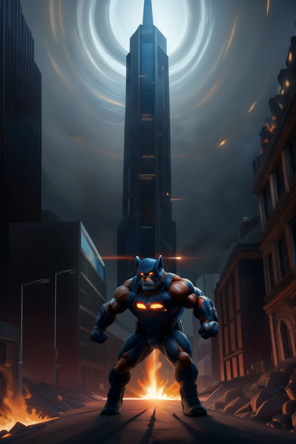 Before a backdrop of towering skyscrapers engulfed in bright, fiery flames, a superhero defies gravity, leaping out of the smoky abyss. This dynamic scene is depicted in the style of exquisitely realistic renderings of the human form, as mastered by artists Kieron Gillen and Rob Hefferan. With dark orange hues dominating the palette, and fisheye effects accentuating the superhero's powerful pose, this piece transcends the boundaries of poster art, becoming a series of multiple flashframes that capture the essence of heroism and courage in an instant.