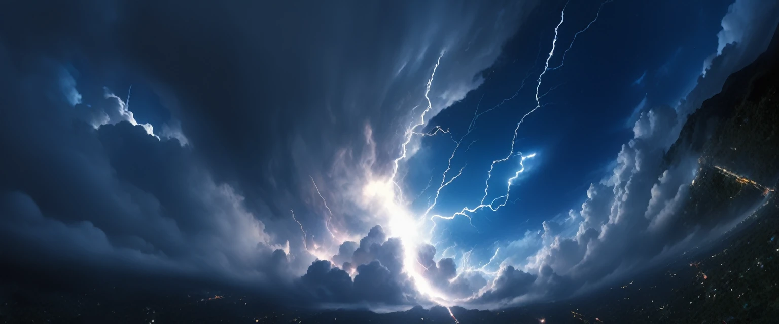 ((ultra wide angle theme:1.6)),(ultra wide angle shot:1.6), ((from below:2.0)), 8mm lens, lens flair, panorama,  night sky, thunder, thunder, spark, huge thunder, night, dynamic, cinematic, ultra detailed, ultra high res, best quality, 