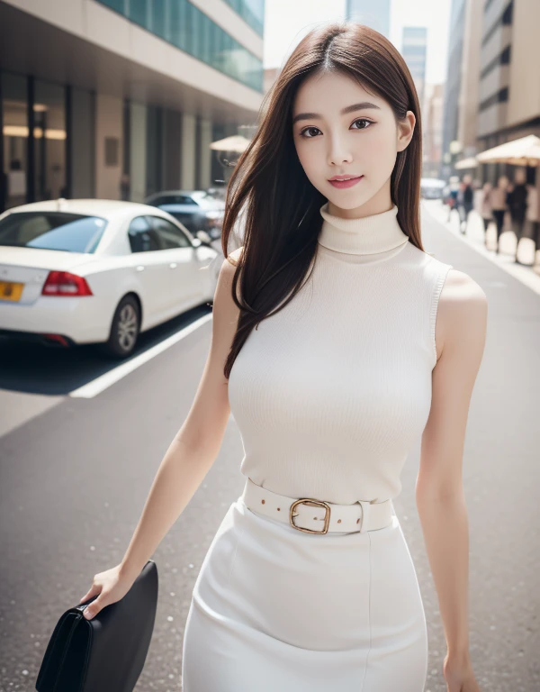 best quality, white skin, real human skin, (detailed face), face focus, hyper sharp image, oval face, pores, ultra high res, (8k, RAW photo, photorealistic:1.4), 1girl, slim, (large-breast:1.37), (looking straight at viewer with a serene and goddess-like happiness:1.2), (lifter gloss, eyelashes, gloss-face, best quality, ultra highres, Broad lighting, natural shading), teacher style fashion, sleeveless orange turtleneck sweater:1.3, black box-knee-length long-skirt, cityscape, fashion street venue, arms behind back:1.3, burry background, bokeh, depth of field, cowboy shot:1.3,