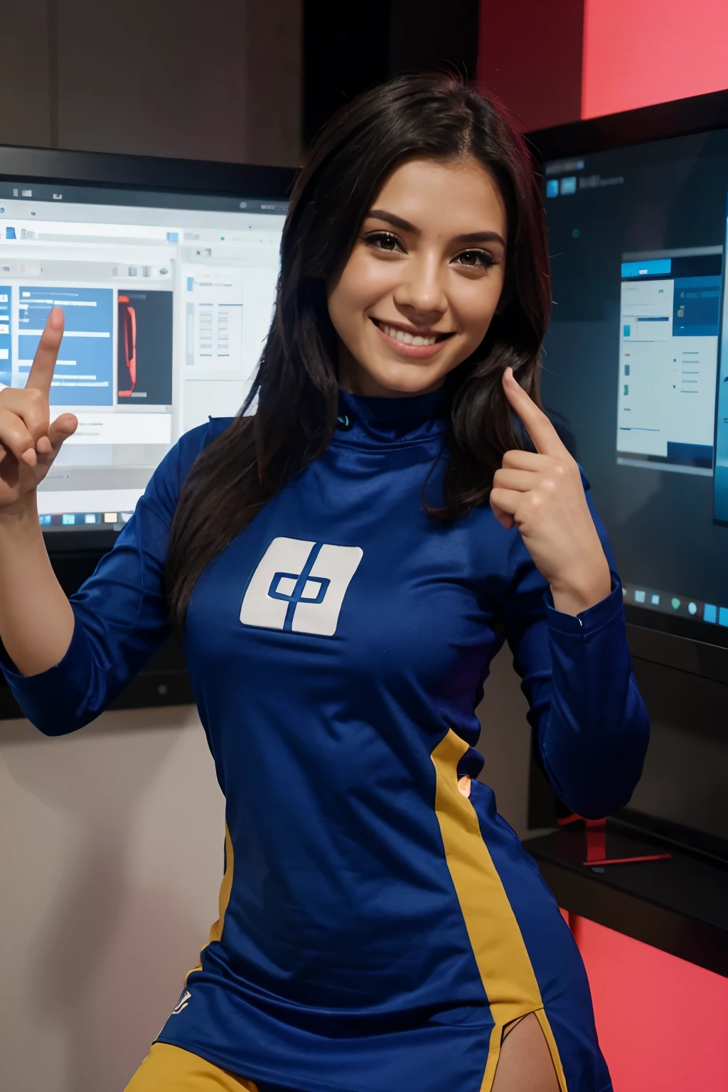 Make a woman avatar pointing to the corner of the screen and smiling