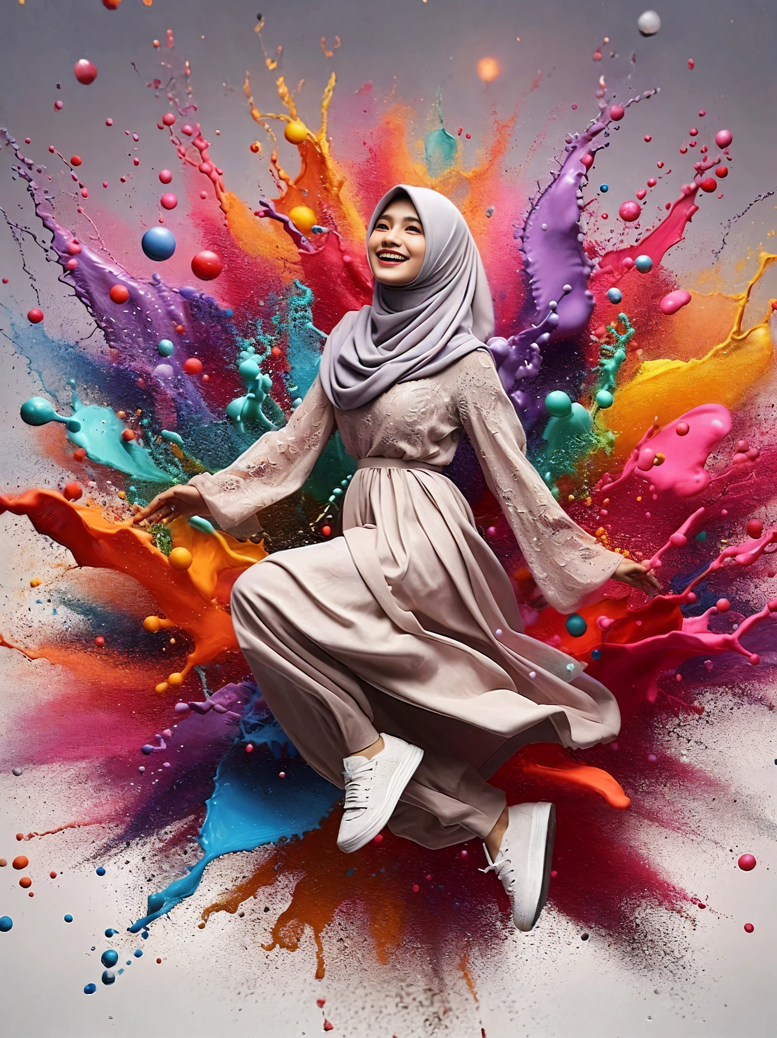 arafed woman in a hijab jumping in the air with colored powder, realism art, inspired by Fathi Hassan, hijab, with beautiful colors, inspired by Shaddy Safadi, colourfull, inspired by Rudy Siswanto, inspired by JoWOnder, by Abidin Dino, by Rudy Siswanto, inspired by Nazmi Ziya Güran, in colors