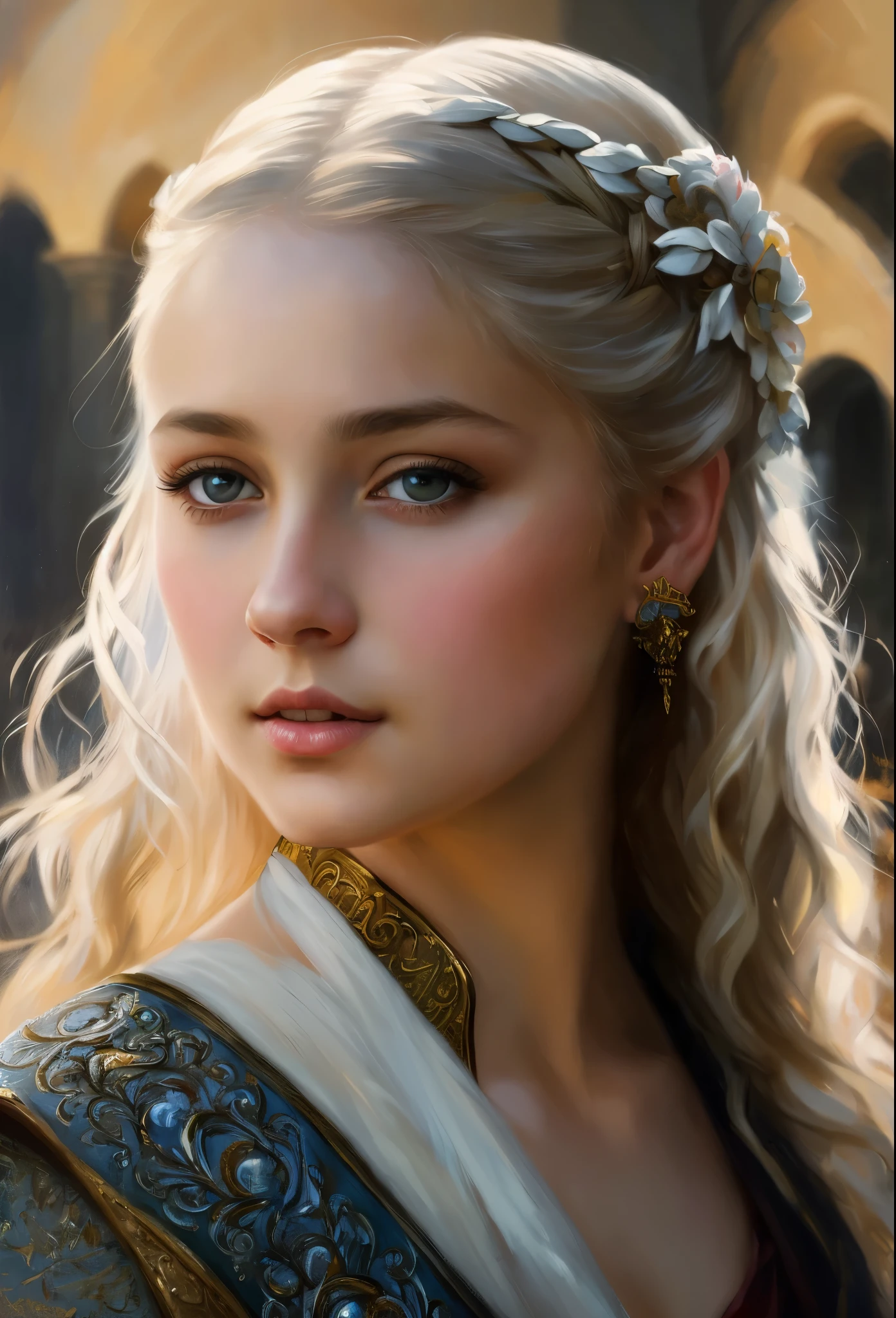 portrait, girl, middle ages, classicism, andrey atroshenko style, painting, pierced eyes, beautifully styled hair, traditional media, realistic, figurative, fine art, oil on canvas, HDR, 8K, original character, high resolution, high detail, focus on the face, beautiful eyes