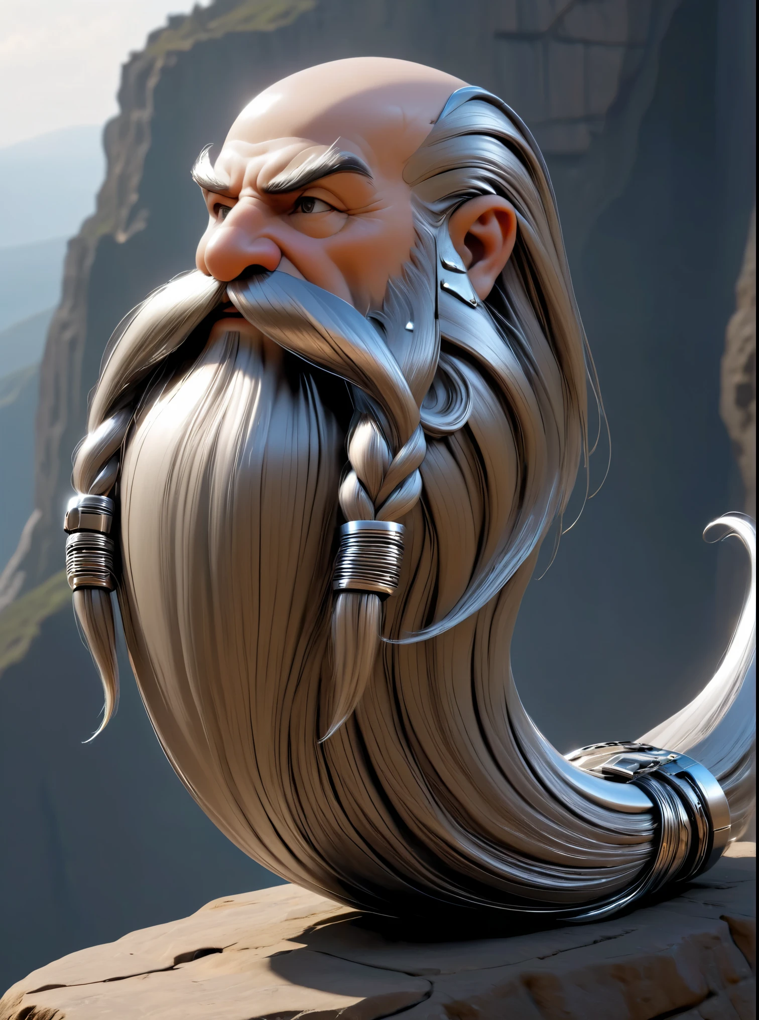 cybernetic robot  ultra detailed, masterpiece,  Harry_Dwarf,  dwarf-like, flowing long Silver beard, twirly moustache,bald, bangles, back lighting, beautiful lighting, on a cliff, android, AI, machine, metal, wires, tech, futuristic, highly detailed