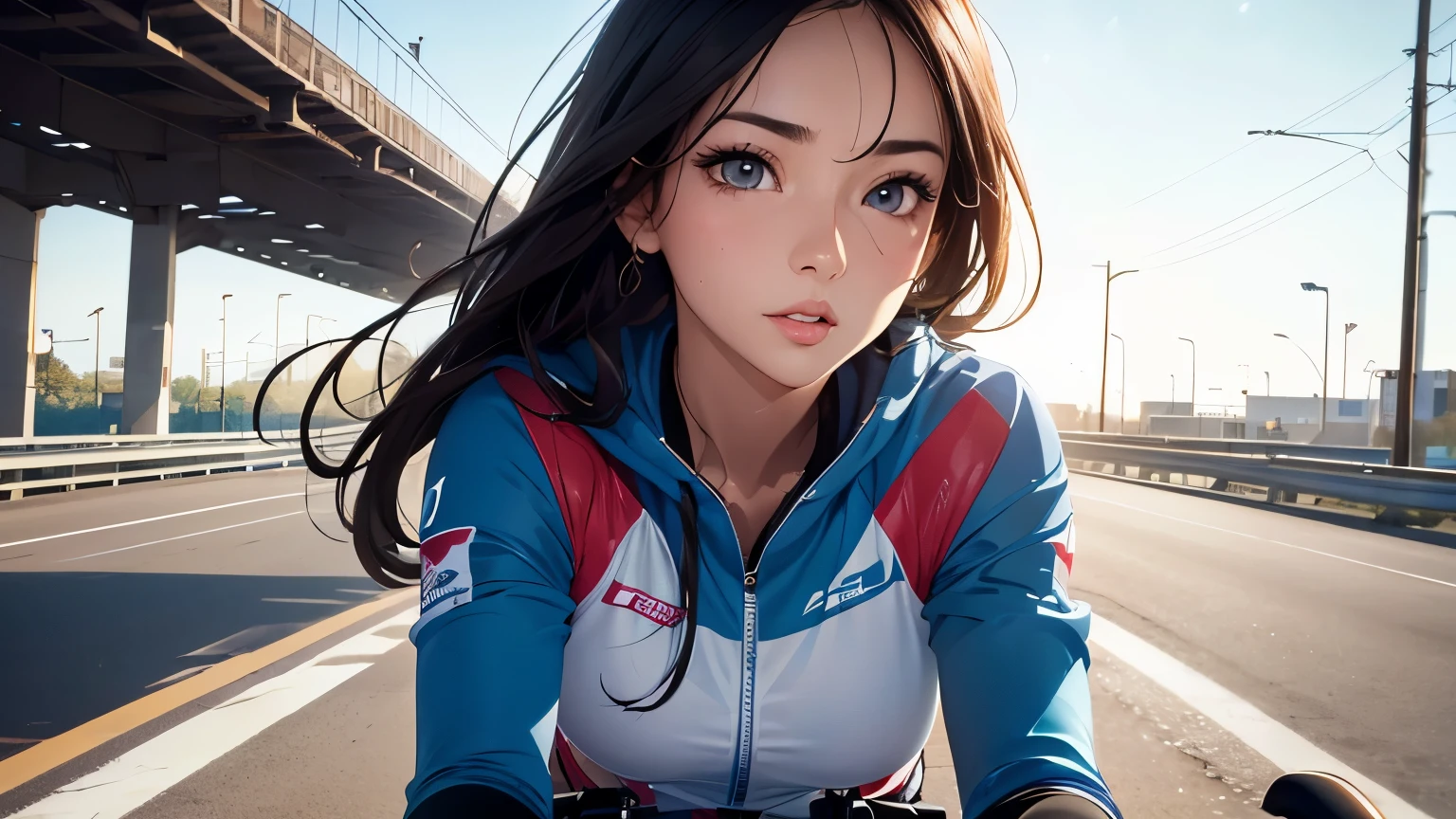 (8K), (best quality), (muste piece: 1.2) young and cute athlete woman, riding a bicycle, national highway、high resolution, Super detailed, Highly detailed CG unity 8k wallpaper, Reality, photorealistic, Raw photo, beautiful detailed face, detailed cloth texture, detailed hair texture, perfect body, pretty face, anatomically correct, Highly detailed face and skin texture, (fair skin, glossy skin:1.2), detailed eyes, symmetrical eyes,double eyelids, thin eyebrows, (glossy lips:1.4),
