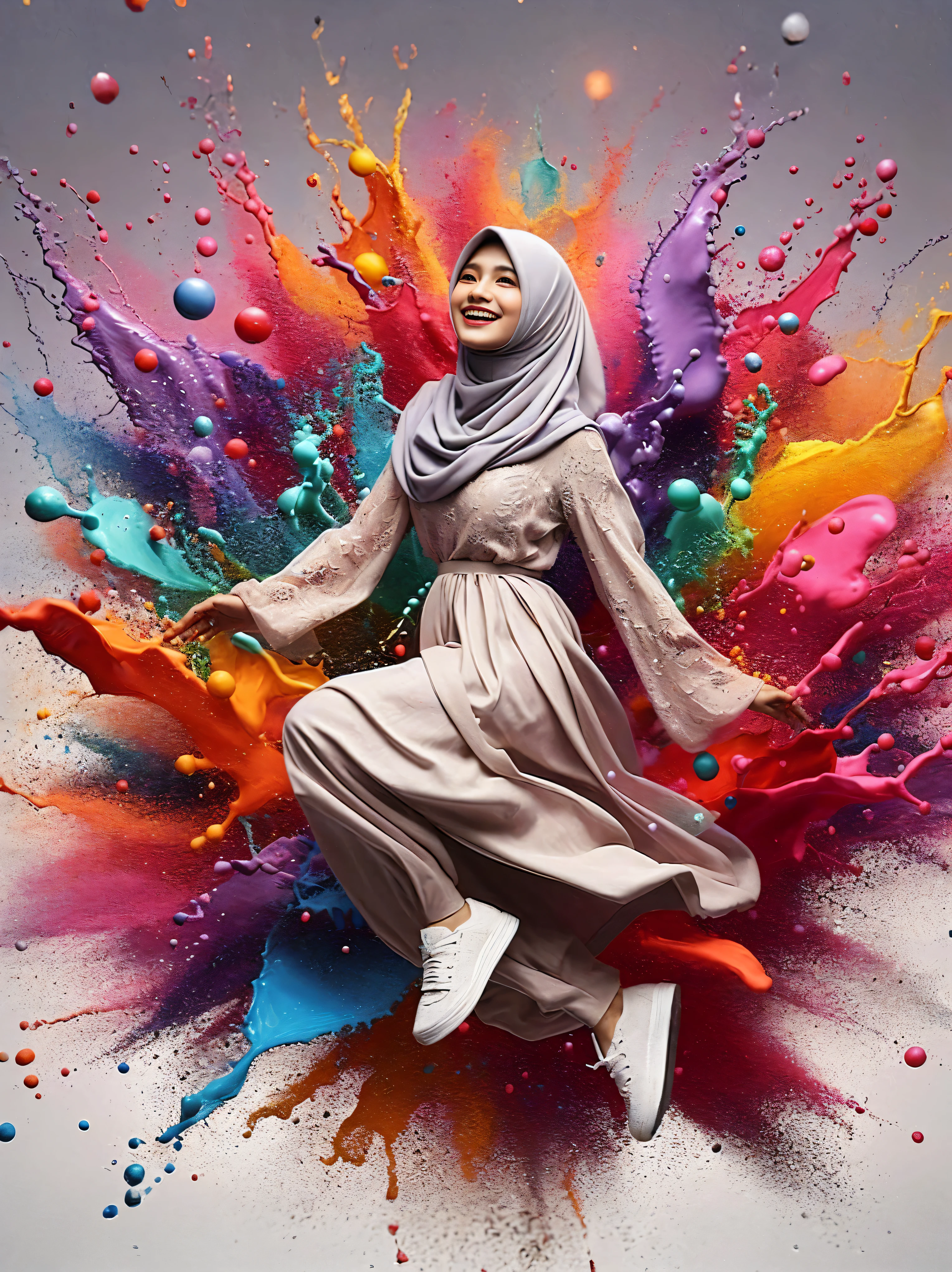 arafed woman in a hijab jumping in the air with colored powder, realism art, inspired by Fathi Hassan, hijab, with beautiful colors, inspired by Shaddy Safadi, colourfull, inspired by Rudy Siswanto, inspired by JoWOnder, by Abidin Dino, by Rudy Siswanto, inspired by Nazmi Ziya Güran, in colors