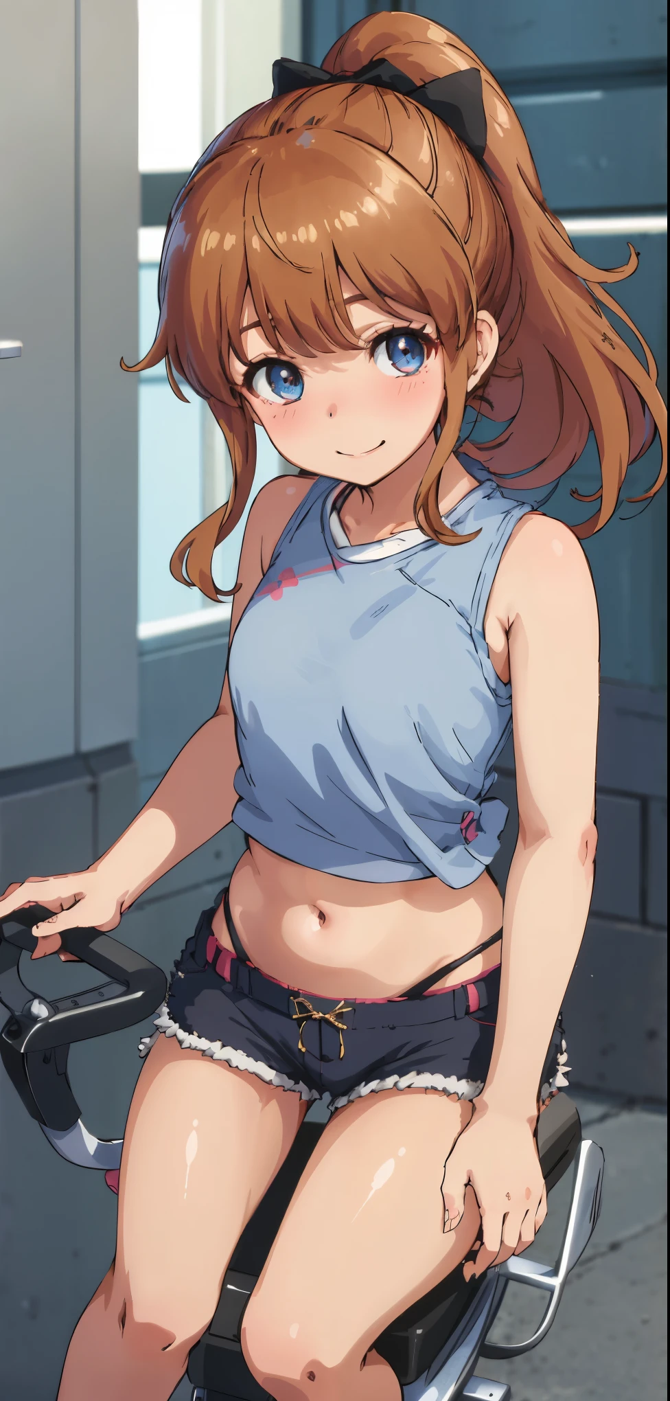 best quality, (masterpiece:1.2), highly detailed, street,
1girl, solo, akatsuki minami,
looking at the viewer, closed mouth, smile, slight blush,
blue eyes, brown hair, ponytail, hair bow, sleeveless, ((shorts, navel)),(( riding machine))