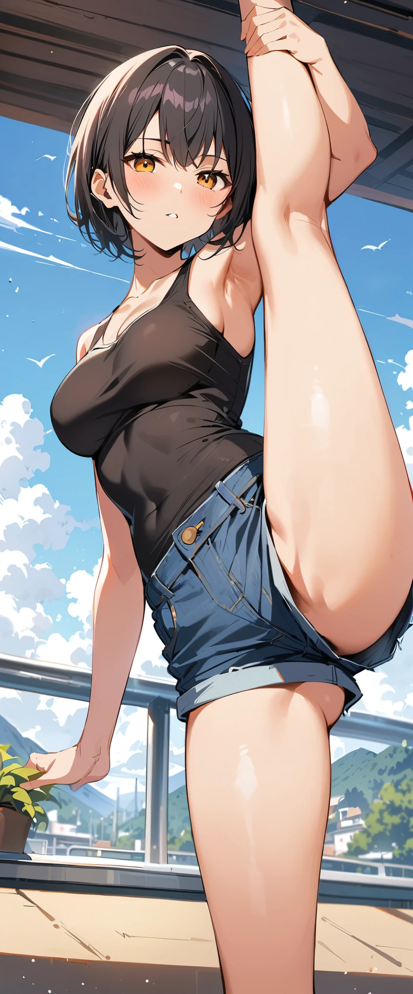 (masterpiece, best quality:1.2), 1girl, solo,standing_split,( from left side,back,bottom:1.5),
balck short hair, white Sleeveless Short Plunge, denim shorts,standing split,stand on one leg,sideboobs