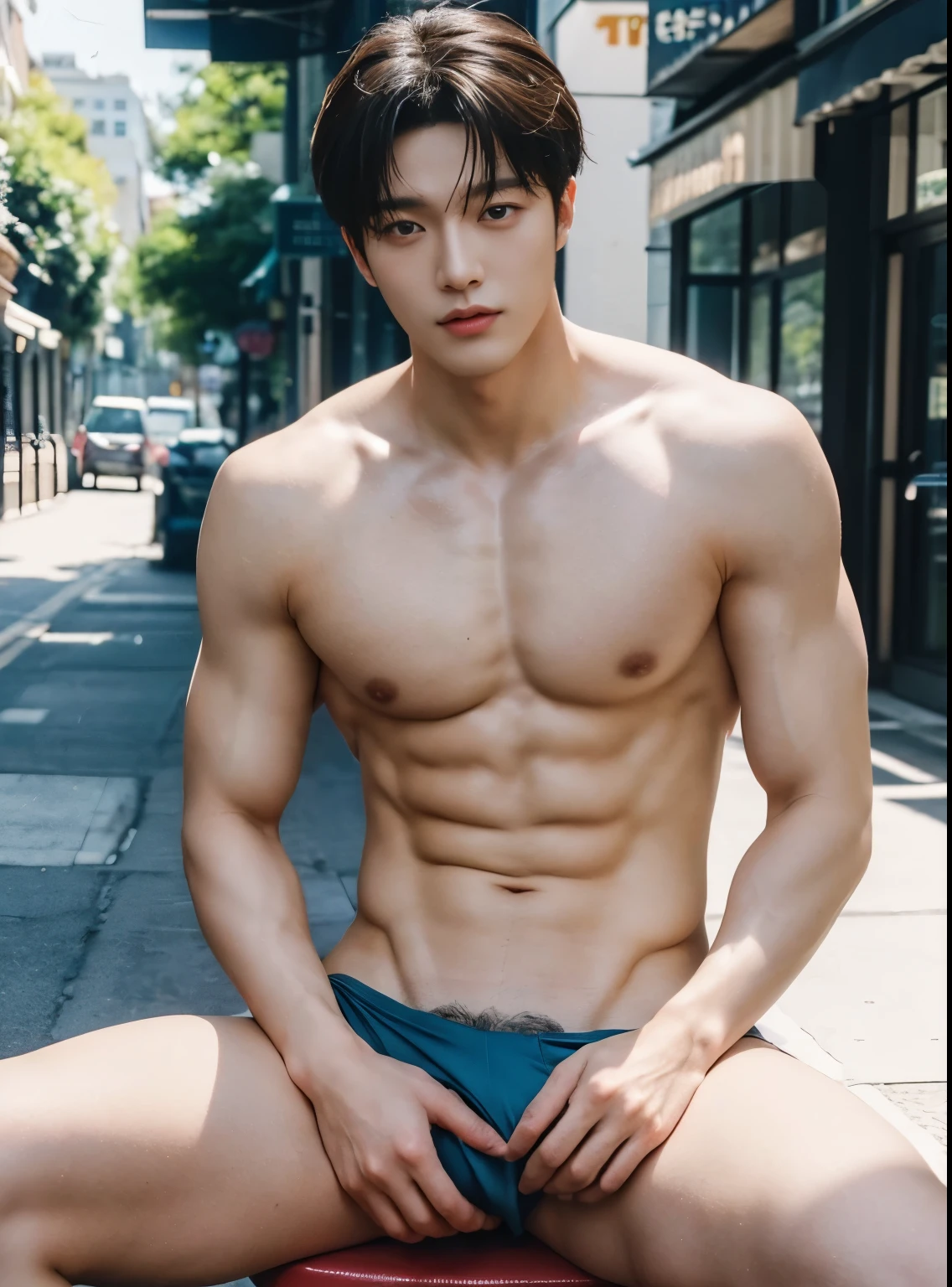 young man, 22 years old, Good looking, Looks like a Korean actor, หน้าตาเหมือน K pop idol, ใบหน้าhandsome, white skin, small mouth, Slender face, very short hair, well care hair, handsome, Confident eyes, fit, Broad shoulders, have abdominal muscles, naked, naked, Sitting with legs apart, Open your legs in a V shape., public street as a background, bright, outdoor, likes to show off his penis, clearly shows the penis, There was one decent sized penis., Don't feel embarrassed., Was gangbanged for taking pictures, Slut, Shameless, exhibitionist, pose like prostitute, expression of ecstasy/orgasmic, cumshot, natural light, both eyes are the same, muscular, perfect eyes, nipples showed, penis exposed, Global illumination, tall, full body, tiny waist, soft light, dream light, digital painting, extremely detailed CGI, hd, 8k, 4k background