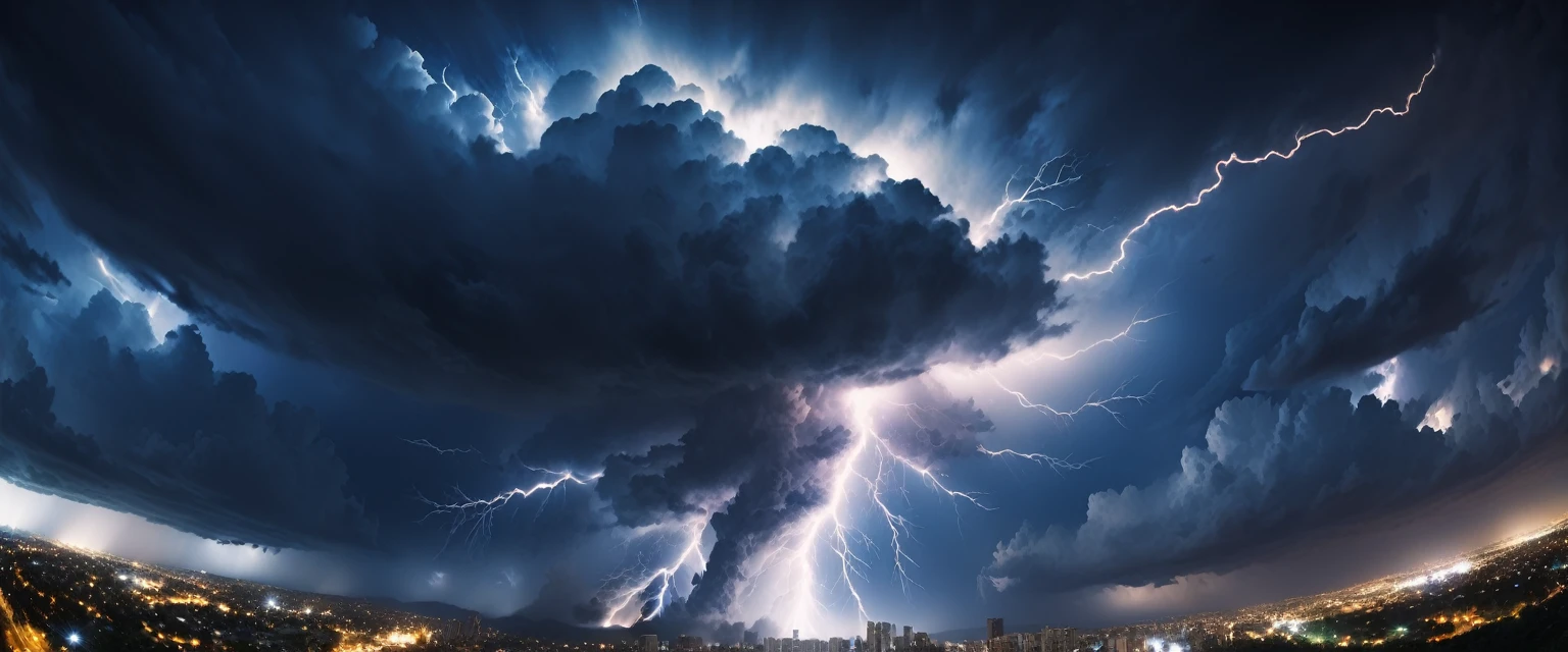 ((ultra wide angle theme:1.6)),(ultra wide angle shot:1.6), ((from below:2.0)), 8mm lens, lens flair, panorama,  night sky, thunder, thunder, spark, huge thunder, cloud, night, dynamic, cinematic, ultra detailed, ultra high res, best quality, 