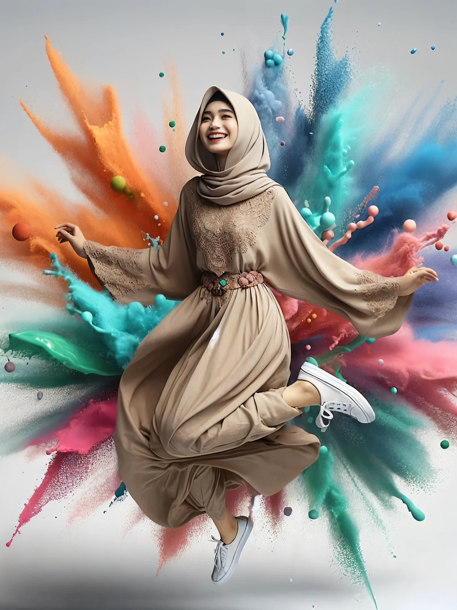 arafed woman in a hijab jumping in the air with colored powder, realism art, inspired by Fathi Hassan, hijab, with beautiful colors, inspired by Shaddy Safadi, colourfull, inspired by Rudy Siswanto, inspired by JoWOnder, by Abidin Dino, by Rudy Siswanto, inspired by Nazmi Ziya Güran, in colors