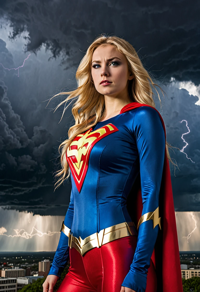 Caucasian female around 25 years old, with long blonde hair, wearing a red and blue superhero costume with a light bolt emblem, standing with a stormy sky in the background