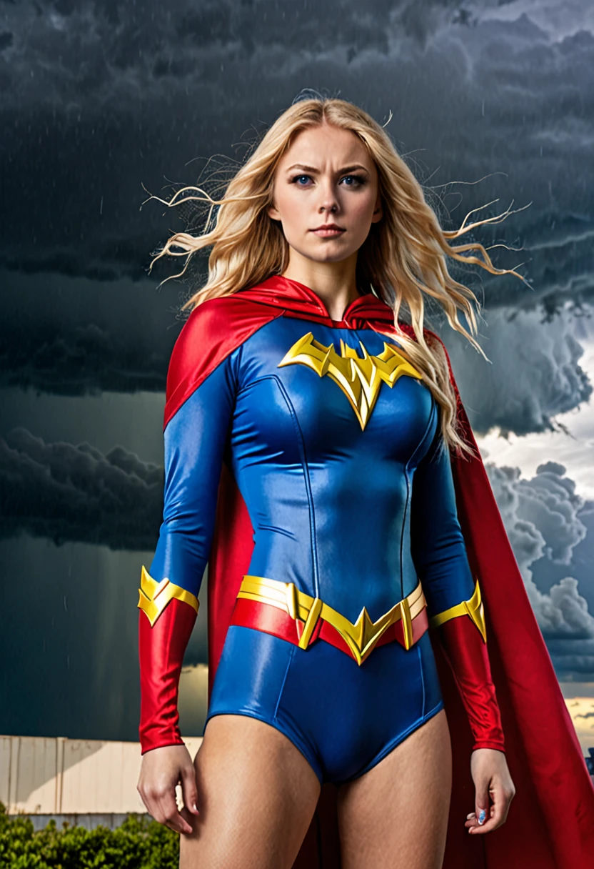 Caucasian female around 25 years old, with long blonde hair, wearing a red and blue superhero costume with a light bolt emblem, standing with a stormy sky in the background