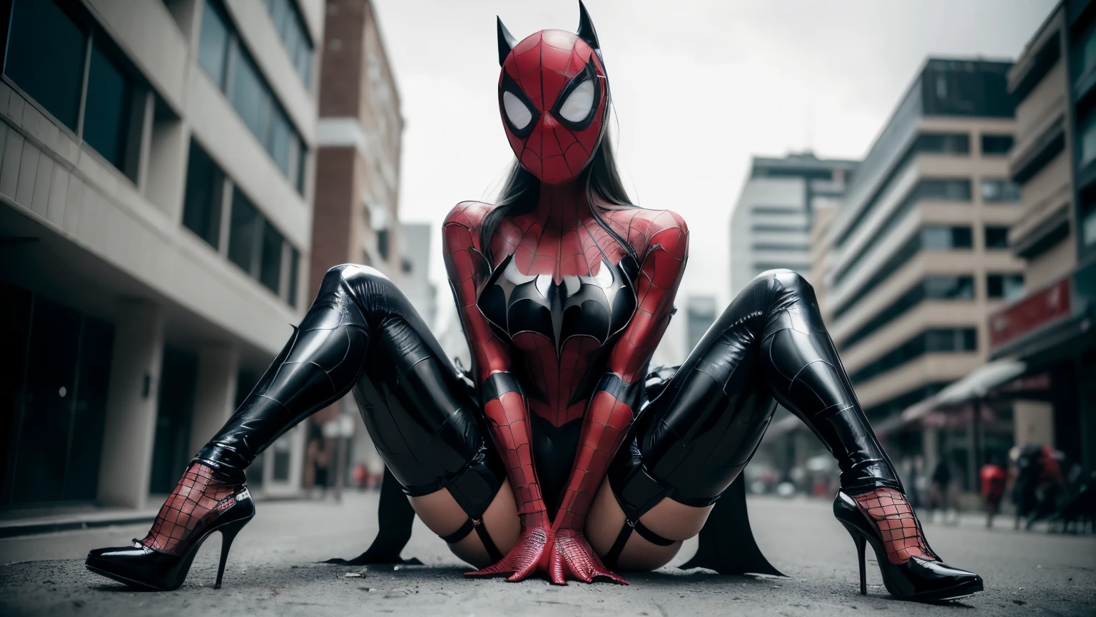 (Best quality, one person, ((masterpiece)), 8k, raw, ((a hot chick young beautyful big  girl)), ((detailed face)), (there is a dark cyber city in the background), (good anatomy), her clothes are very torn in several places, detailed eyes, detailed face, (((black white latex with Garter Belts Sexy ))), (((good anatomy))), (big tits), (PUSH UP TITS), (((WEARING A spiderman batman mask))), (tits on focus), ((full body)), ((wearing high heels)), ((venom outfit)), (((venom))), white and black spiderman venom, venom absortion, batman, (diablo) , (((horror style background))), (((blood flows on the ground))), wearing a white hood, it is photographed from below, (((she has a big venom face))), ((she looks up)), ((her costume are very torn in several places)), platform high heels, sitting, crossed legs, full body, carbon corset, (cyborg)