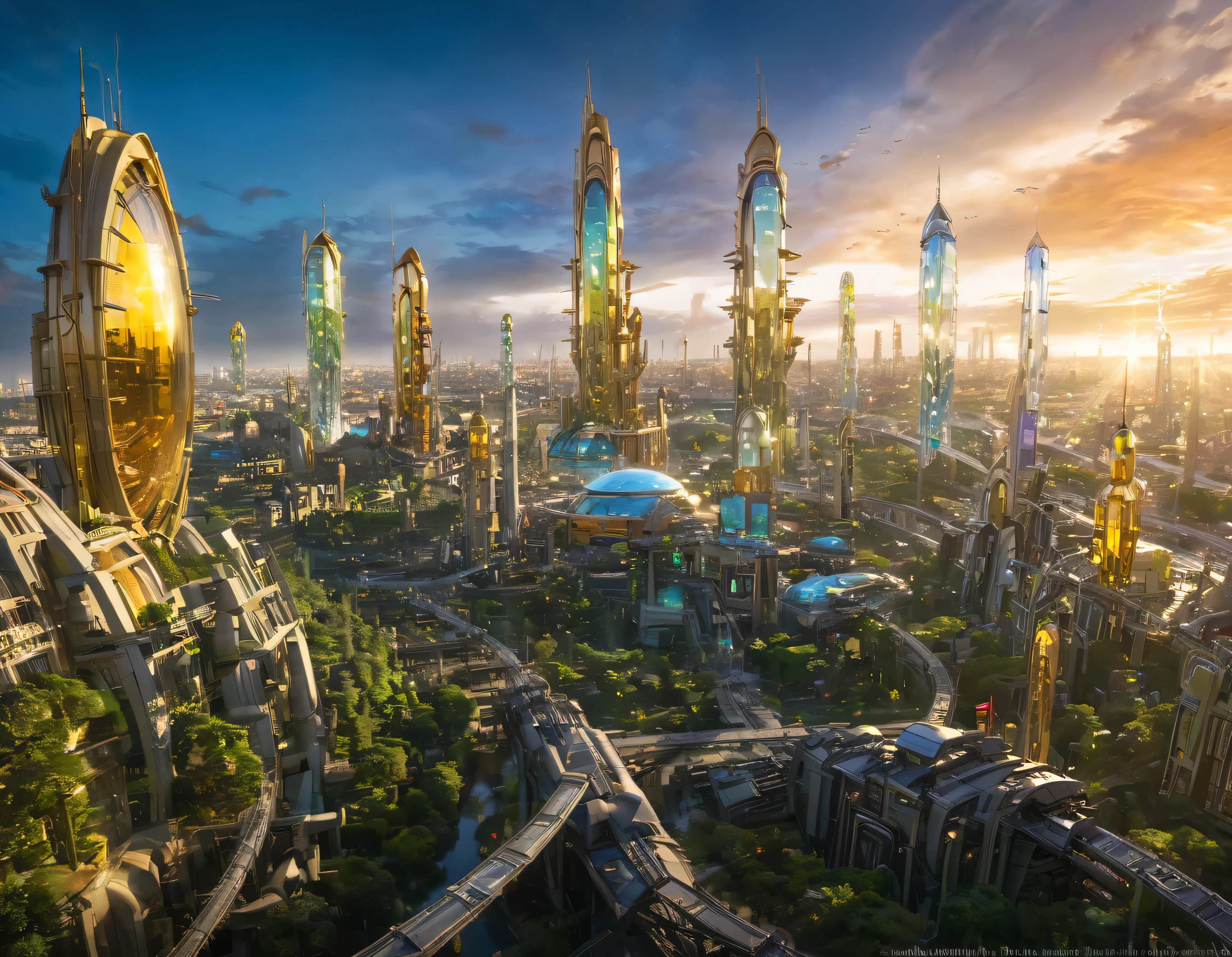 (golden hour lighting), megacity, megalopolis of an imaginary world of science fiction , parecido a una disneylandia futurista, and maximum fantasy, con inmensos edificios y rascacielos ovalados y dodecaedricos agrupados de metal y cristal donde predomina el oro y los anuncios luminosos de colores. imagen bien definida 8k, (intrincados detalles de la maquina), con muchos edificios juntos.(obra maestra de superior calidad).(imagen fotorrealista), nitidez absoluta hasta el fondo