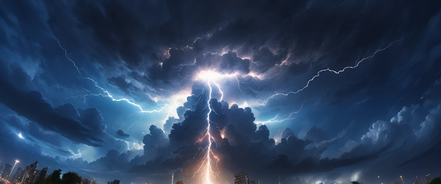 ((ultra wide angle theme:1.6)),(ultra wide angle shot:1.6), ((from below:2.0)), 8mm lens, lens flair, panorama,  night sky, thunder, thunder, spark, huge thunder, night, dynamic, cinematic, ultra detailed, ultra high res, best quality, 