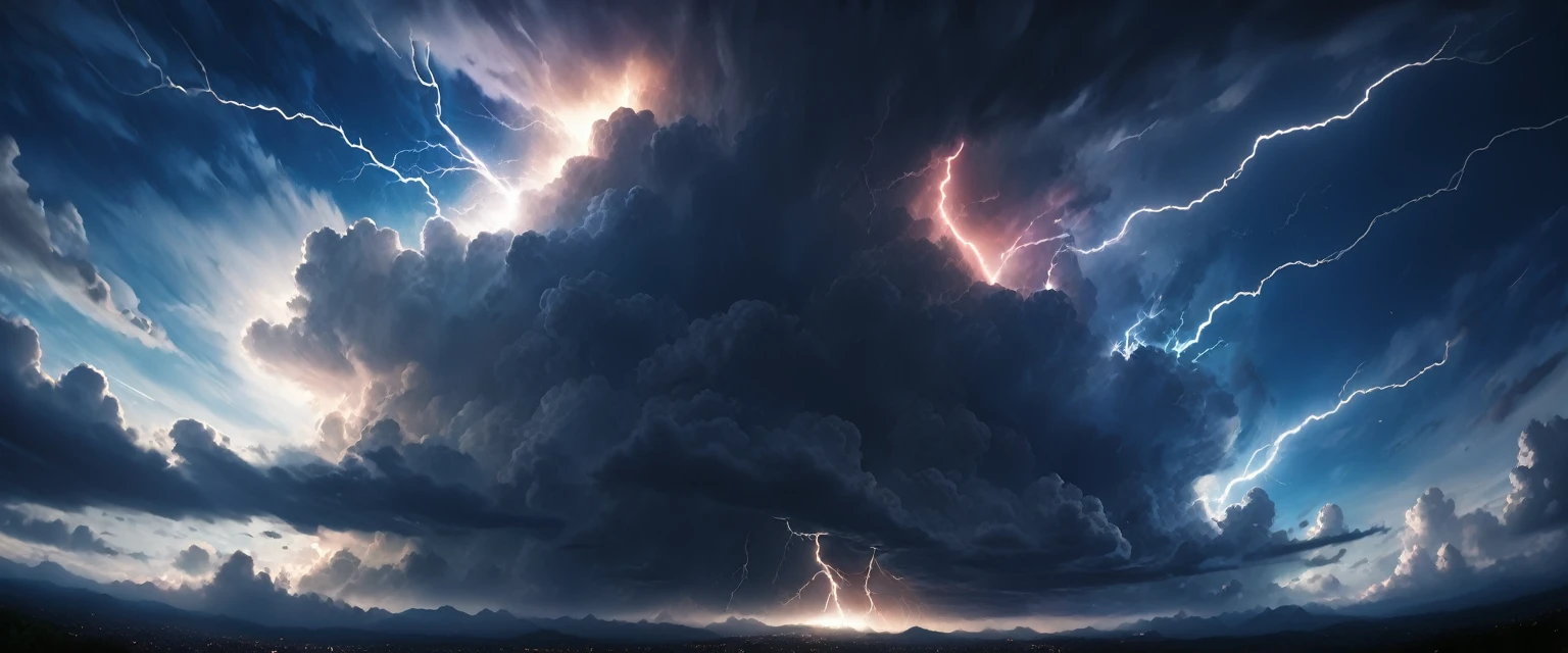 ((ultra wide angle theme:1.6)),(ultra wide angle shot:1.6), ((from below:2.0)), 8mm lens, lens flair, panorama,  night sky, thunder, thunder, spark, huge thunder, night, dynamic, cinematic, ultra detailed, ultra high res, best quality, 