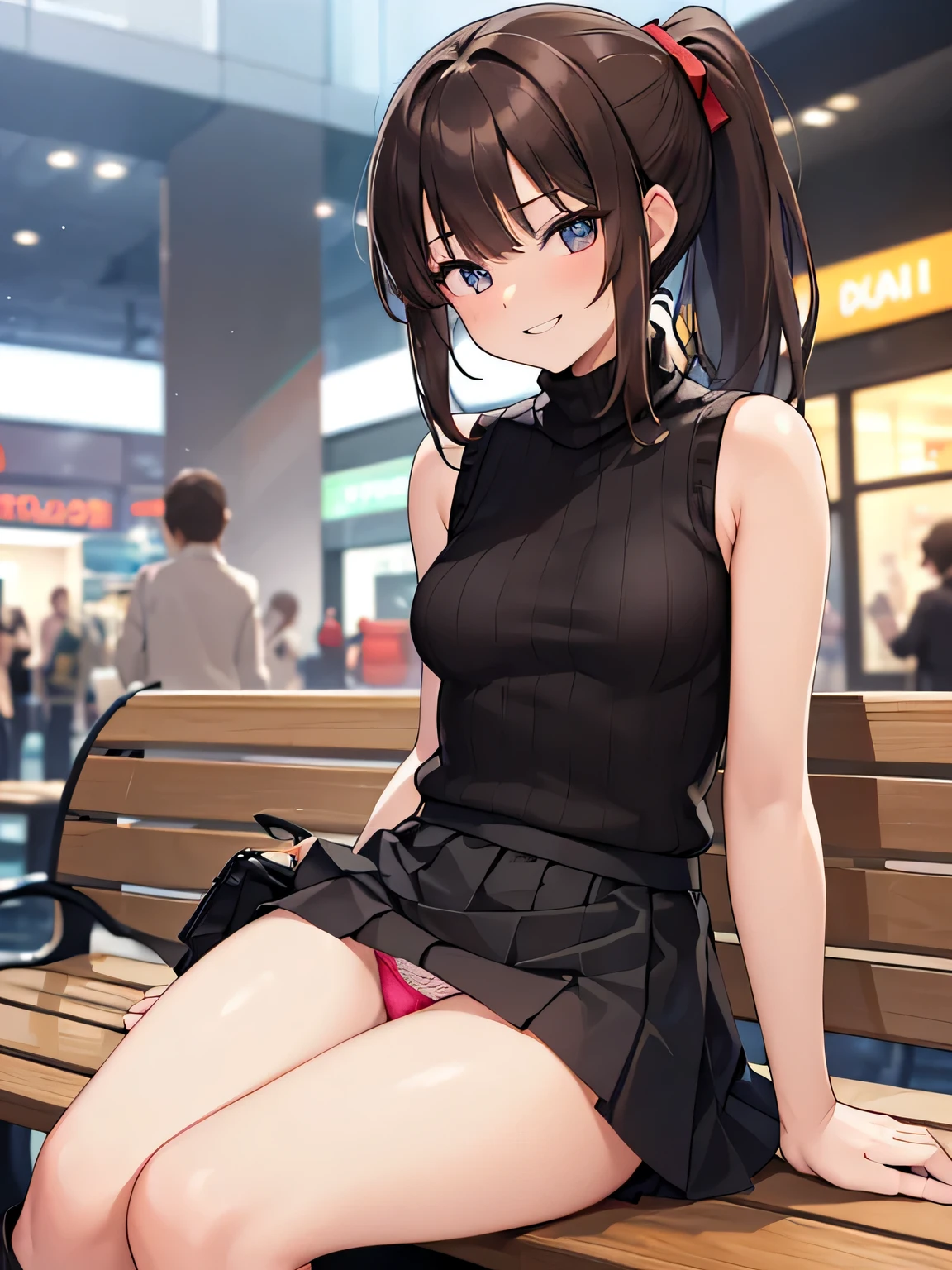 (masterpiece, highest quality, High resolution, realistic pictures, realistic skin:1.1),
(女性はShopping Mall Benchに座っている:1.8),
(she is sitting with her legs closed: 1.8),
(her skirt is so short、I can almost see the pants: 1.8),
(Please use the female panty shots facing the front.:1.8),
(grinning expression:1.5),
(She is wearing a bright red sleeveless turtleneck knit:1.8),
(she is wearing a black flared miniskirt:1.8),
(She is wearing black clothes, middle boots:1.8),
(The pants are in bright colors:1.2),
(brown hair in a middle ponytail:1.5),
(small face:1.5),
(D cup breasts:1.5),
(Location: Shopping Mall Bench:1.5),
1 Japanese girl, alone, Full-bodied Esbian, beautiful eyes, sparkling eyes, NSFW