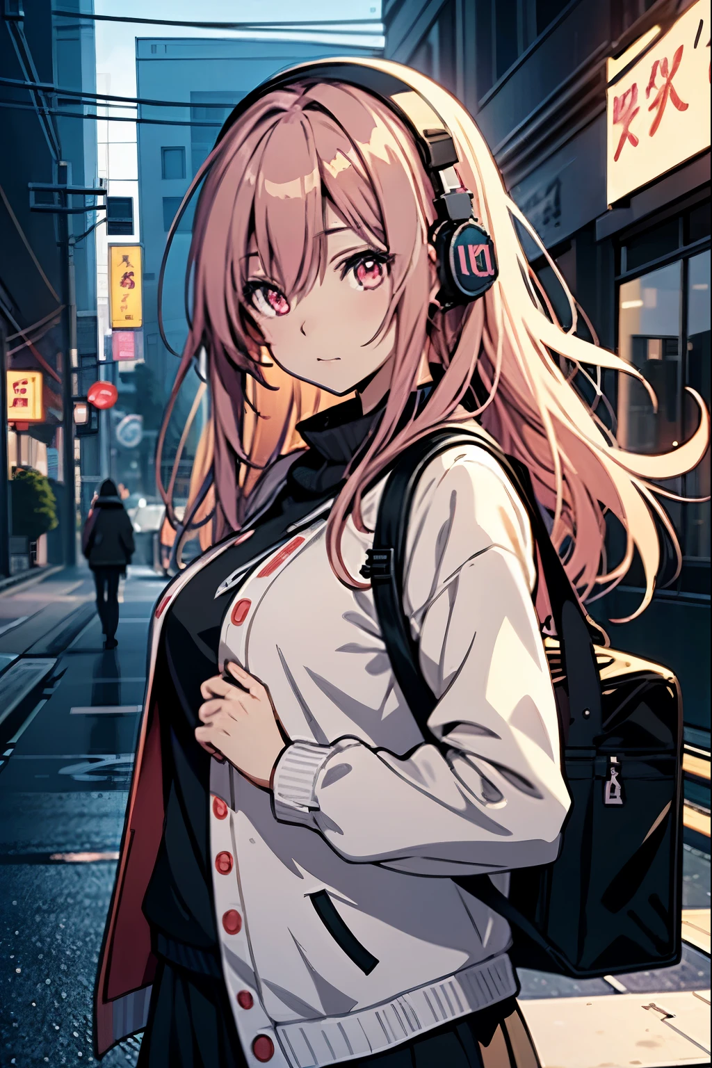 Anime girl with headphones and backpack looking at mobile phone, anime style 4 k, Alice x. open, digital anime art, Nightcore, digital anime illustration, anime styled digital art, anime art wallpaper 4k, anime art wallpaper 4k, anime art style, anime digital art, anime style artwork, anime style. 8K, detailed digital anime art