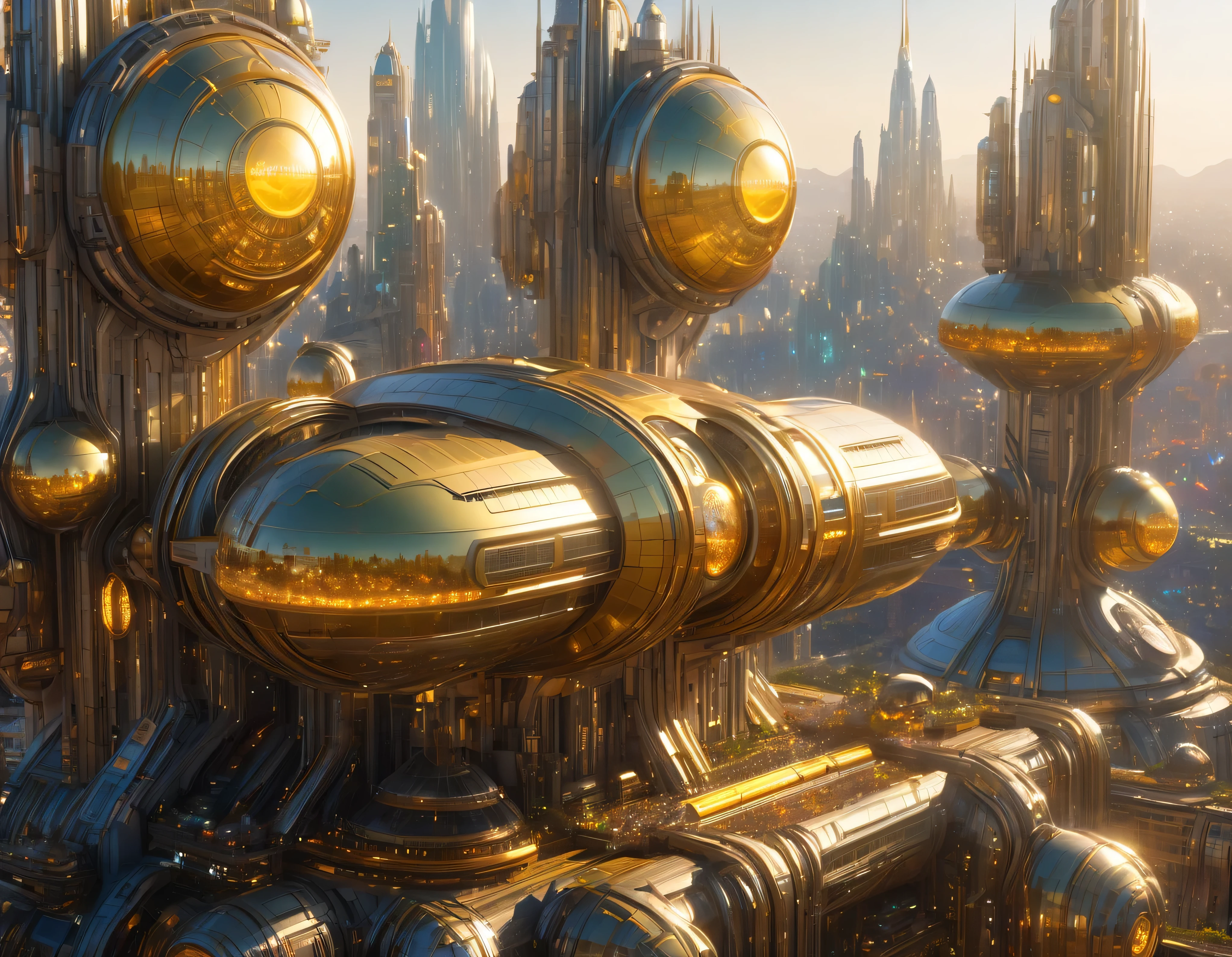 (golden hour lighting), megacity, megalopolis of an imaginary world of science fiction , parecido a una disneylandia futurista, and maximum fantasy, con inmensos edificios y rascacielos ovalados y dodecaedricos agrupados de metal y cristal donde predomina el oro y los anuncios luminosos de colores. imagen bien definida 8k, (intrincados detalles de la maquina), con muchos edificios juntos.(obra maestra de superior calidad).(imagen fotorrealista), nitidez absoluta hasta el fondo