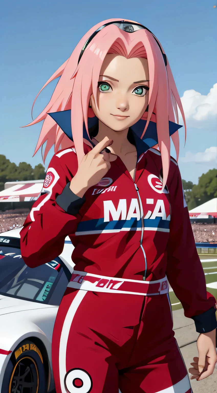 tmasterpiece, Best quality at best, 1girll, Sakura Haruno, Raised sexy,is shy,ssmile,with pink hair, long whitr hair, (Green eyeballs:1.4), blue forehead protection, wearing nascar suit, standing next to a race car, race in circuit, watching to viewer