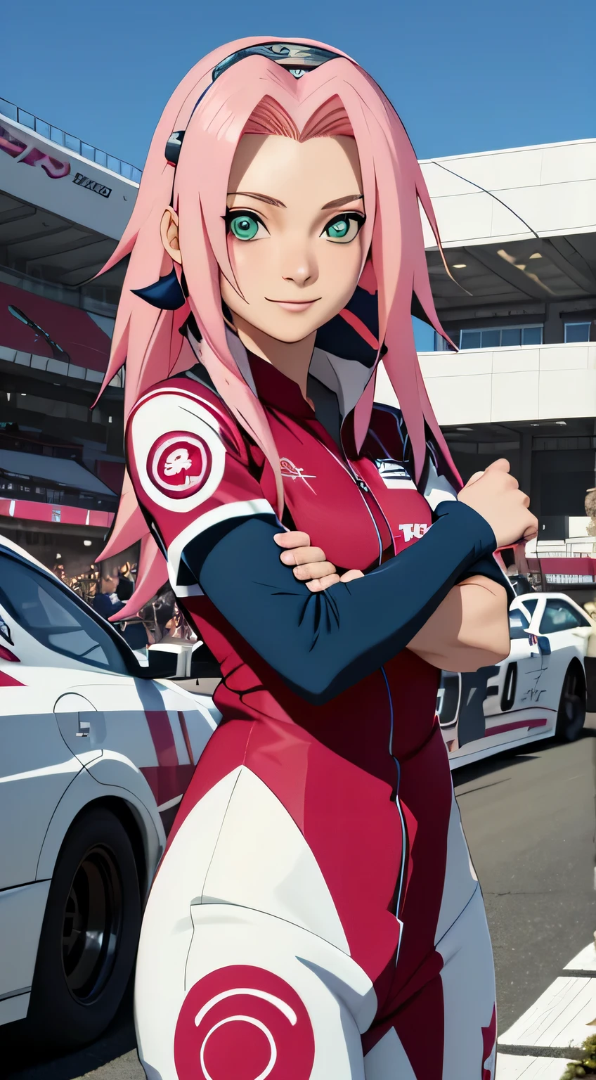 tmasterpiece， Best quality at best， 1girll， Sakura Haruno， Raised sexy，is shy，ssmile，with pink hair， long whitr hair， （Green eyeballs:1.4)， blue forehead protection， wearing nascar suit, standing next to a race car, race in circuit, watching to viewer