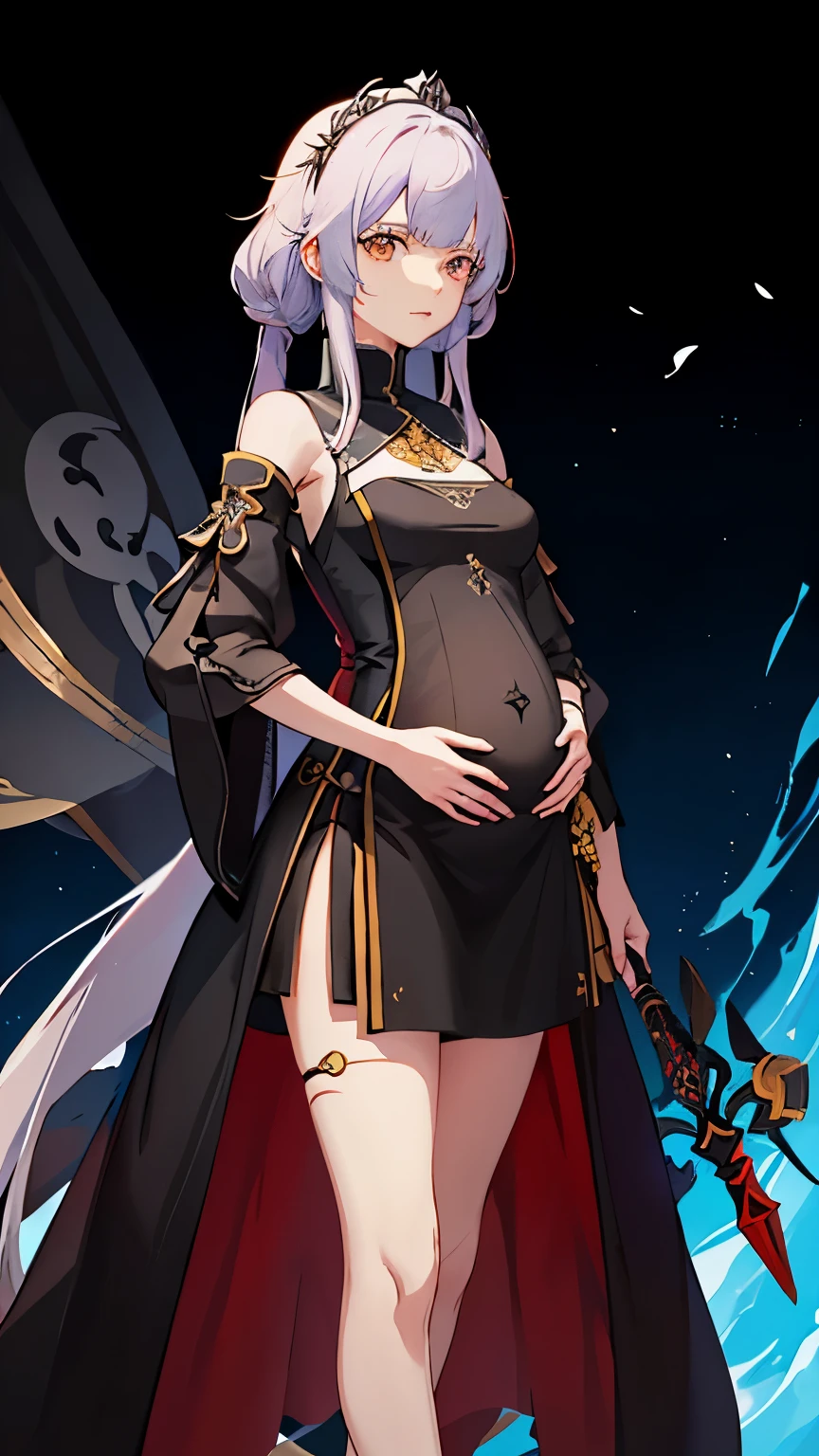 a woman in a dress holding a dagger and a dagger, video game character, from arknights, fox nobushi holding a dagger, hajime yatate, keqing from genshin impact, random haired deity, with small sword, ayaka genshin impact, female action anime girl, official character art, anime character, pregnant anime girl, fetus, random hair color, pregnant belly