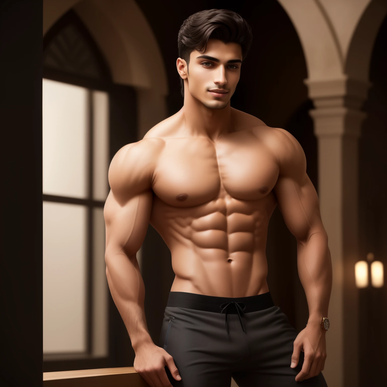 The most handsome man on earth, at the age of 20, goes by the name Alfaz Almufasha. With chiseled features and a captivating smile, his face is as detailed and intricately beautiful as a work of art. Alfaz's skin is perfectly toned and flawless, a testament to his youth and vitality. He stands tall and confident, his muscular build revealed by the fitting fabric of his clothing. His eyes are deep and mesmerizing, holding a mysterious allure that leaves one entranced. The background is blurred, drawing all focus to Alfaz, making him the center of attention. This masterpiece of a man was captured in high resolution, using a