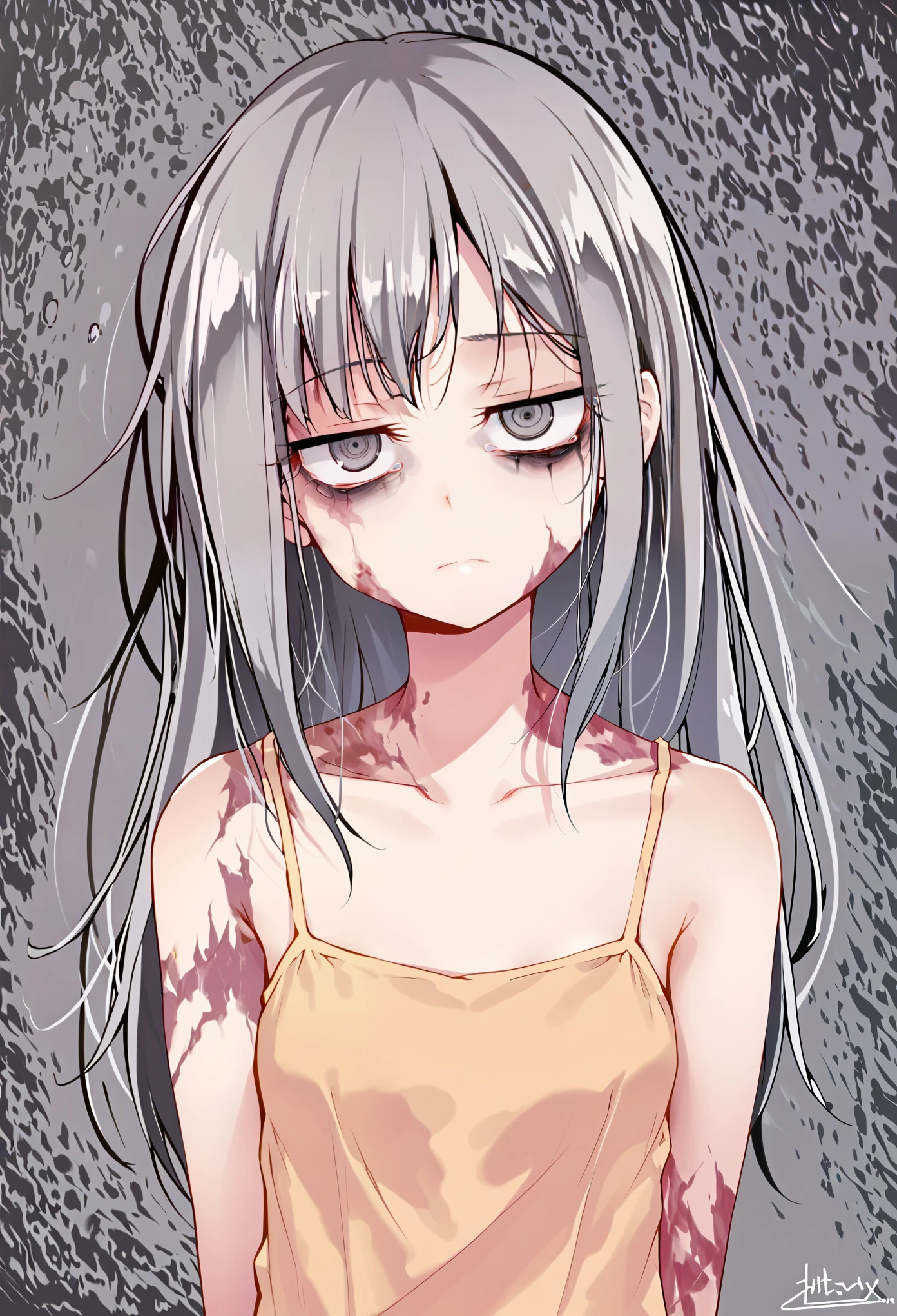 (masterpiece, best quality, absurdres), source_anime, (score_9, score_8_up, score_7_up, score_6_up, score_5_up, score_4_up), 1girl, solo, small breasts, dark gray hair, long hair, messy straight hair, dark gray eyes, scars, burn scars, neutral, bags under eyes, head tilt, brown sundress, standing, arms behind back, upper body, gray background, simple background, soft