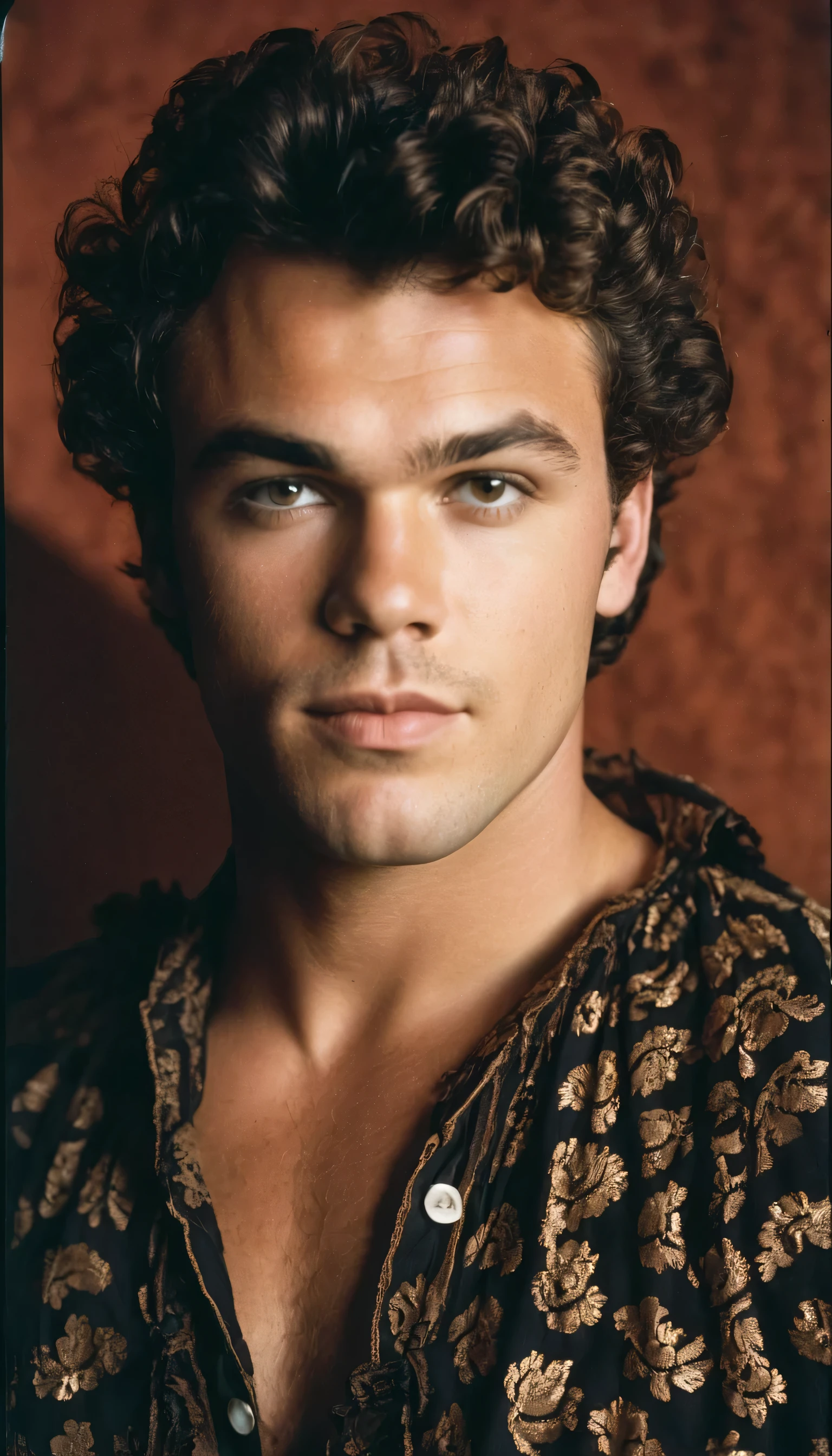 Vintage photo of a young man, 25 years-old, brown-black hair, short curly quiff haircut, brown eyes, body hair, caucasian, round face, oval-shaped jawline, bulbous nose, full lips, thick eyebrows, soft features, stocky broad frame, chubby, overweight, handsome, resembles John C Reilly, wearing a ruffled pirate shirt, hairy chest, silhouette, backlit, split lighting, half face in shadow, RAW Photograph, dslr, hard lighting, hard shadows, high quality, film grain, Fujifilm XT3, detailed skin with visible pores, insane details, masterpiece, 8k, 35mm photograph, dslr, kodachrome, faded film, desaturated, 35mm photo, grainy, vintage, Kodachrome, Lomography, stained, highly detailed, found footage