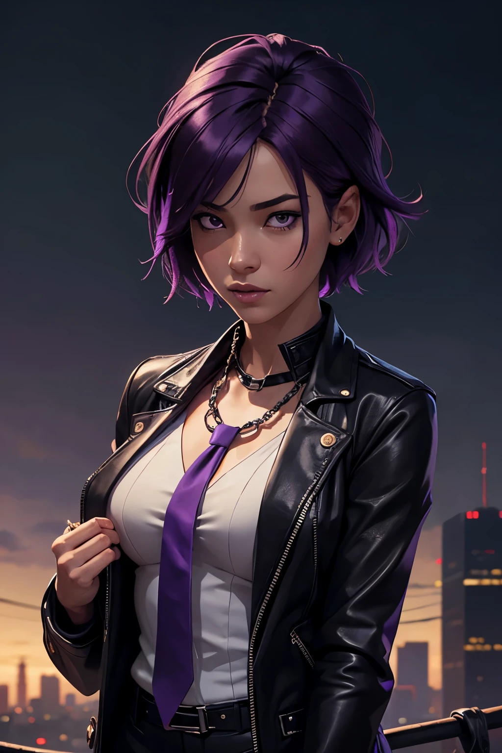 (1girl:1.3),solo,__body-parts__, official art, 8k unit wallpaper, ultra detailed, close-up on face, beautiful and aesthetic, gorgeous, masterpiece, best quality, fantastic atmosphere, calming palette, quiet mood, soft shading, priestess Miko, charm spell, family talisman, priestess duties, dark aesthetic, suit and tie with black leather shorts with many chains around the body and a black leather jacket, Tokyo city in the background, (messy short purple hair),
