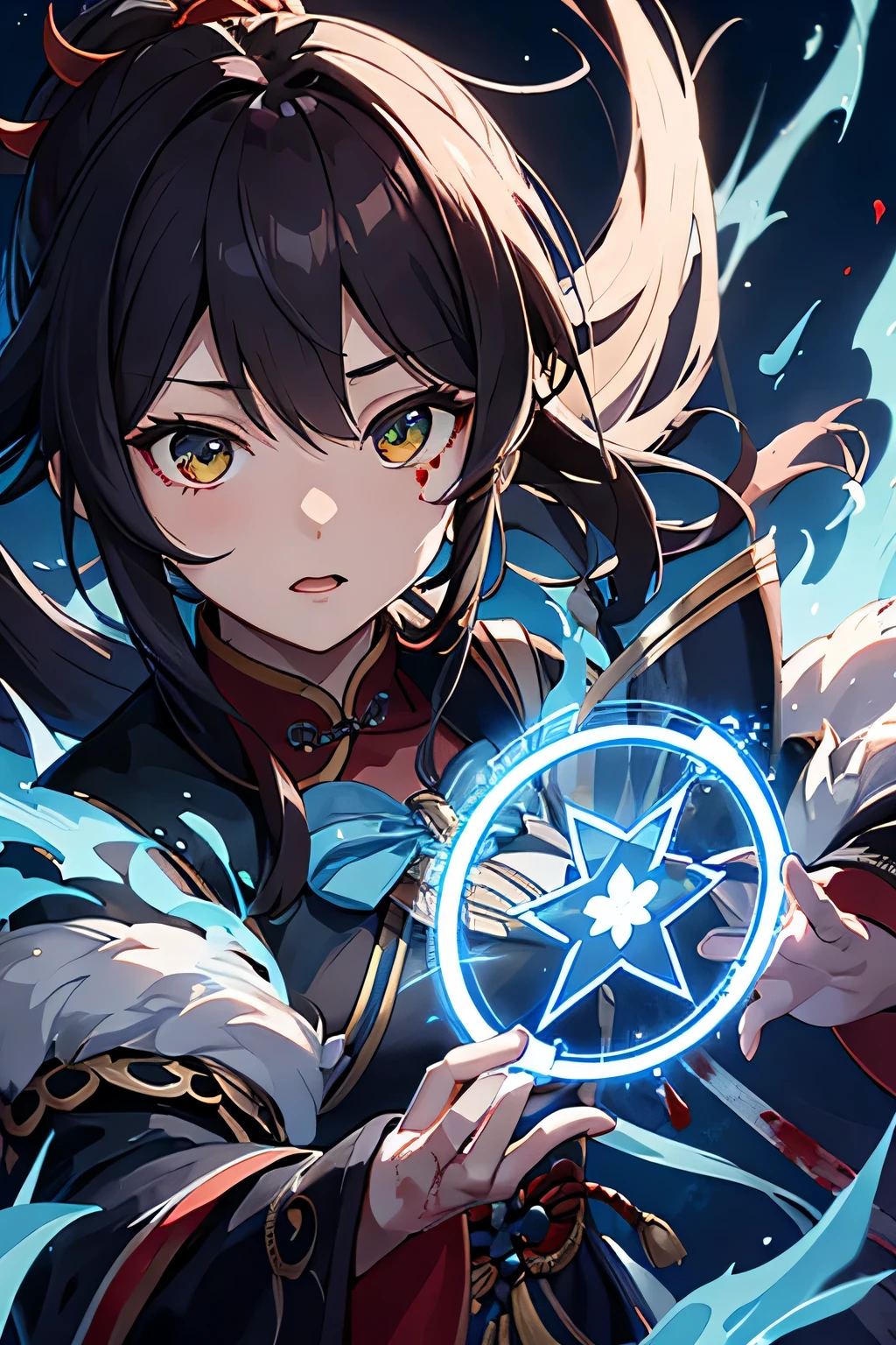 1boy, 1girl, chinese clothes, ponytail , black hair, red eyes, brown hair, green eyes, long hair, magic circle, blue fire, blue flames, wallpaper, portrait, novel cover, blood, blood splatter, depth of field, night, light particles, light rays, sidelighting
, fate \(series\), genshin impact, ****, open, cloud