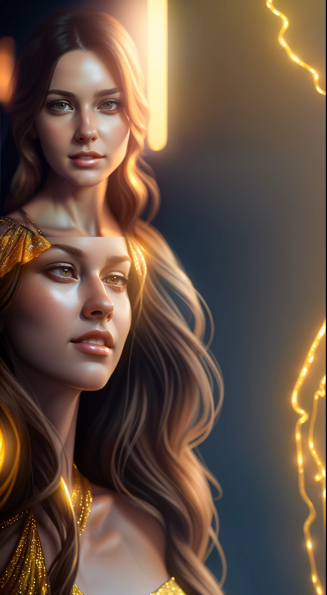 Close-up of a woman in a golden dress and light, shining on her face, realistic digital art 4k, realistic digital art 4 k, realistic digital painting, ultra realistic digital painting, cinematic realistic portrait, photorealistic digital arts, photorealistic digital painting, 8 k realistic digital art, photorealistic beautiful face, realistic. beautiful lighting, ultra-realistic digital art