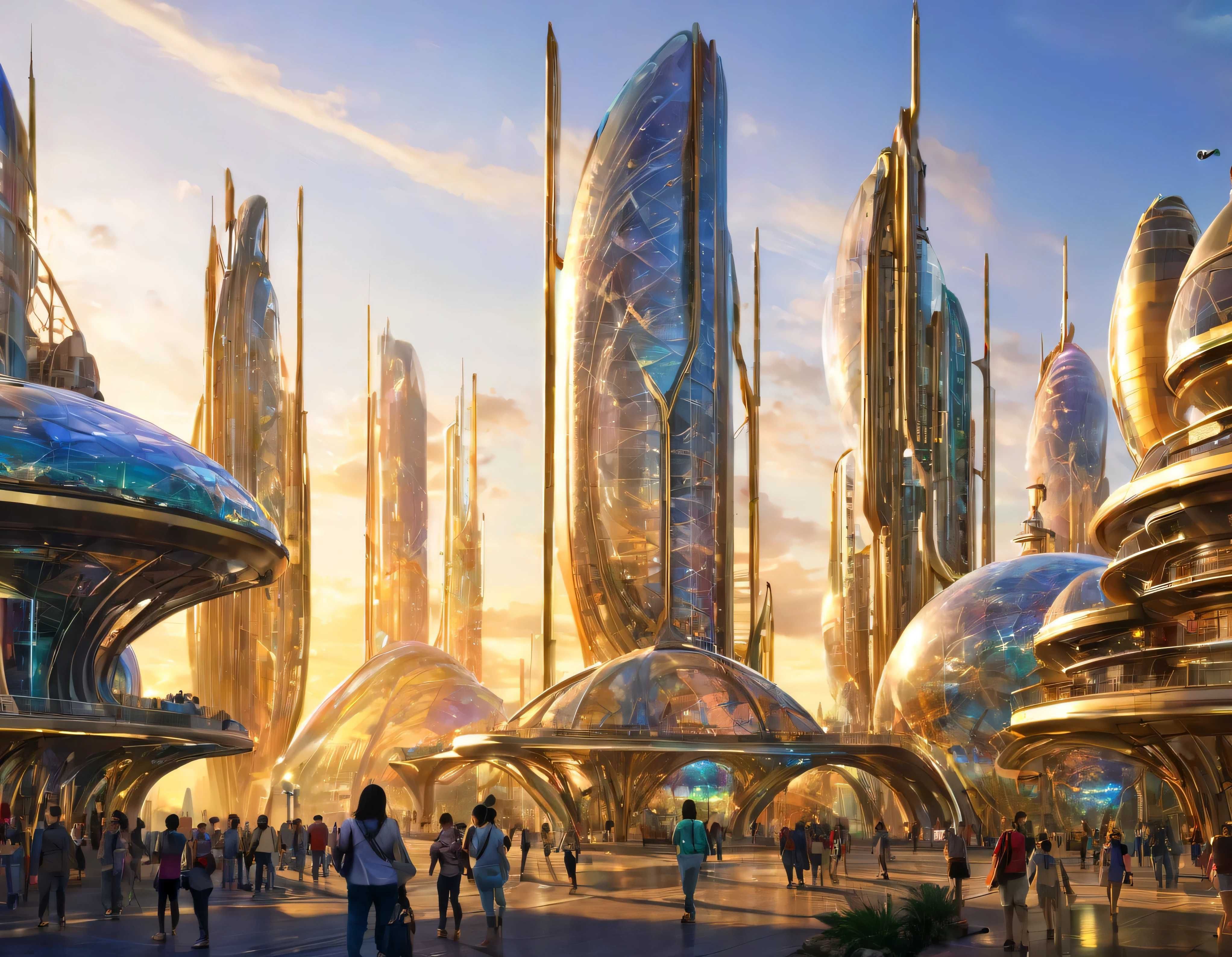(golden hour lighting), megacity, megalopolis of an imaginary world of science fiction , parecido a una disneylandia futurista, and maximum fantasy, con inmensos edificios y rascacielos ovalados y dodecaedricos agrupados de metal y cristal donde predomina el oro y los anuncios luminosos de colores. imagen bien definida 8k, (intrincados detalles de la maquina), con muchos edificios juntos.(obra maestra de superior calidad).(imagen fotorrealista), nitidez absoluta hasta el fondo