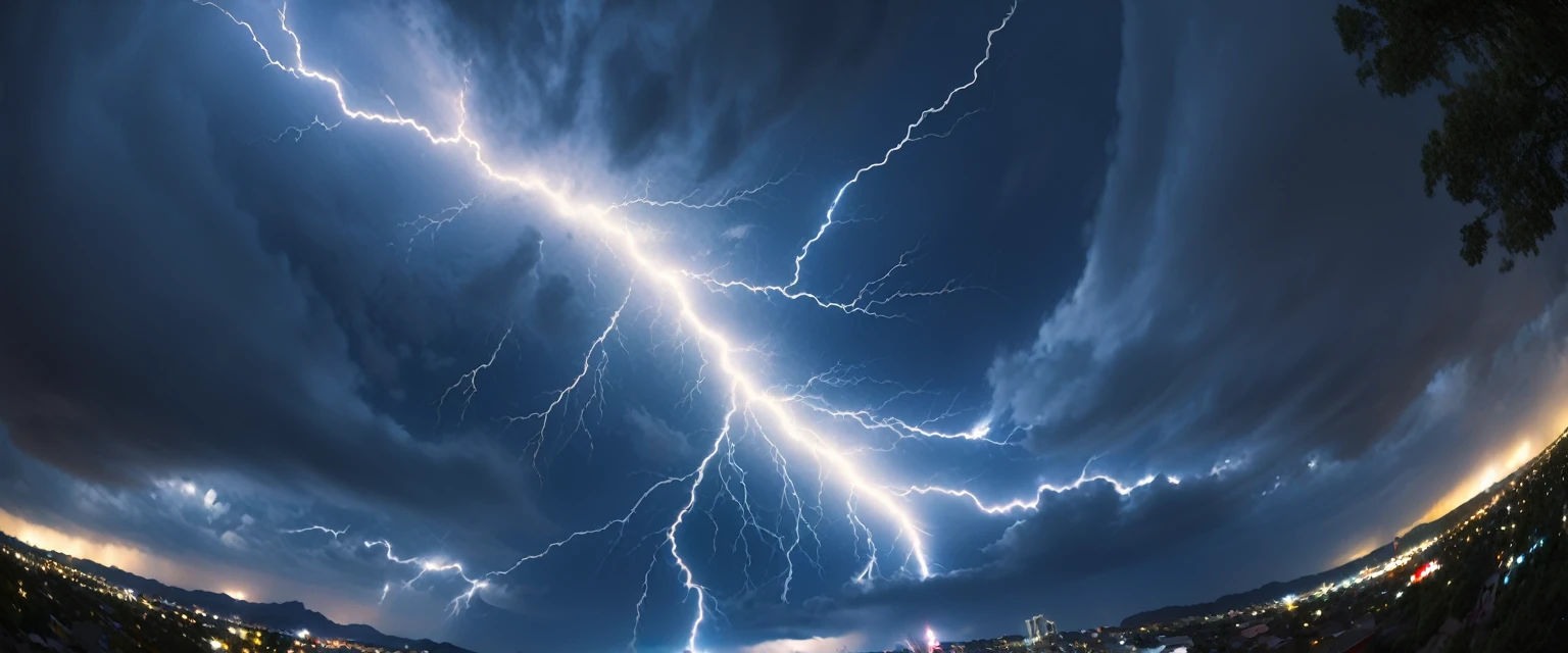 ((ultra wide angle theme:1.6)),(ultra wide angle shot:1.6), ((from below:2.0)), 8mm lens, lens flair, panorama,  night sky, thunder, thunder, spark, huge thunder, night, dynamic, cinematic, ultra detailed, ultra high res, best quality, 