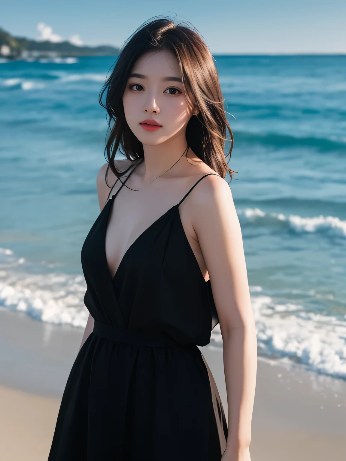 highest quality, masterpiece, ultra high resolution, (realistic:1.4), Raw photo, 1 girl, black dress, cinematic lighting、Blurred private beach background