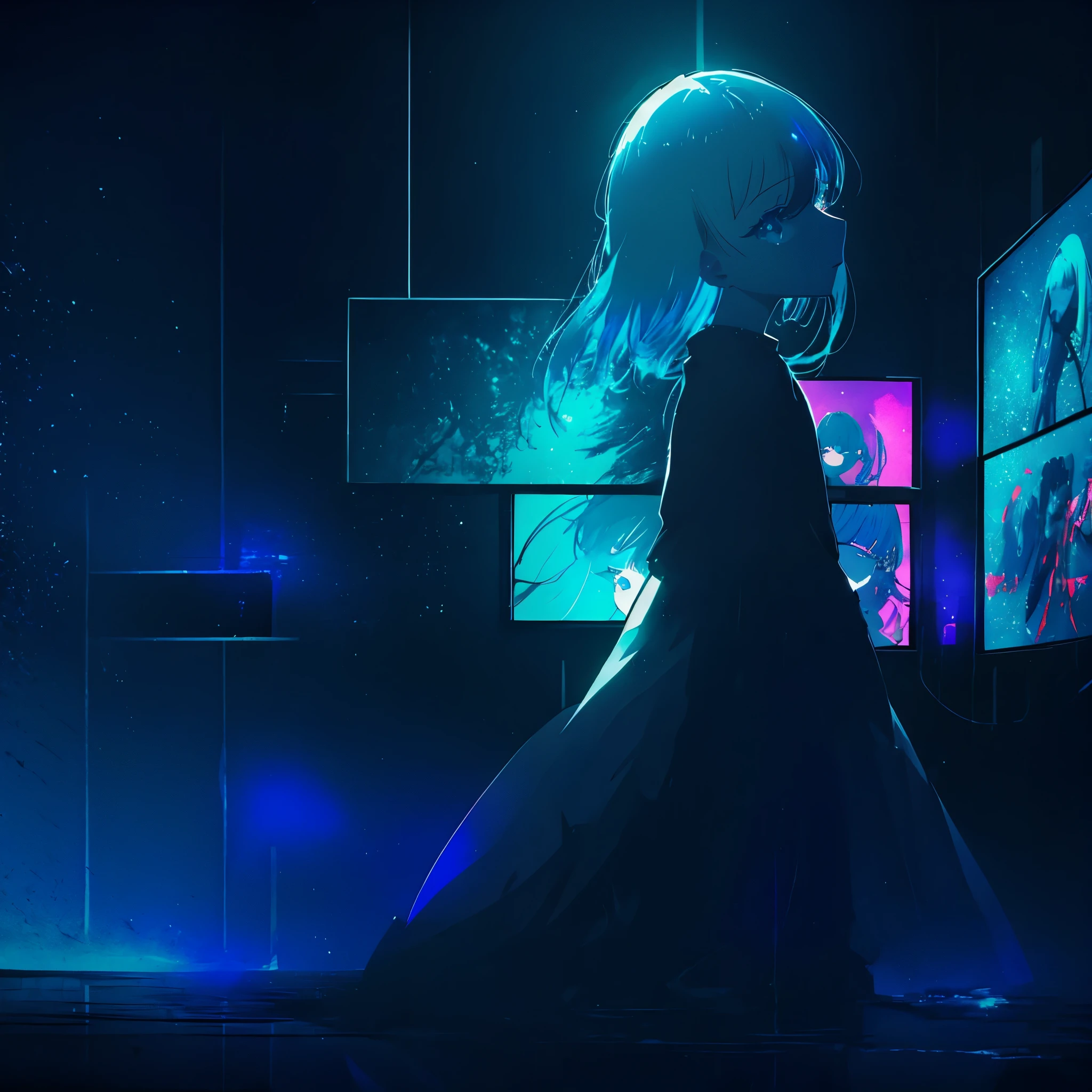 woman with blue eyes stands in front of the window, trending on pixiv, Behind her it's a scary atmosphere, Panoramic view of a girl, animated lighting, forced witness, Glass lid, thick makeup, (screens),Une bShe silhouette de fille avec des particules de sang flottant autour d'She, illuminated by a flickering television screen, displaying a work of art'fascinating art'Living Girl,convey a sense of mystery and intensity,from a famous anime artist, with a dark and atmospheric background filled with screens and displays, but catching the viewer's eye