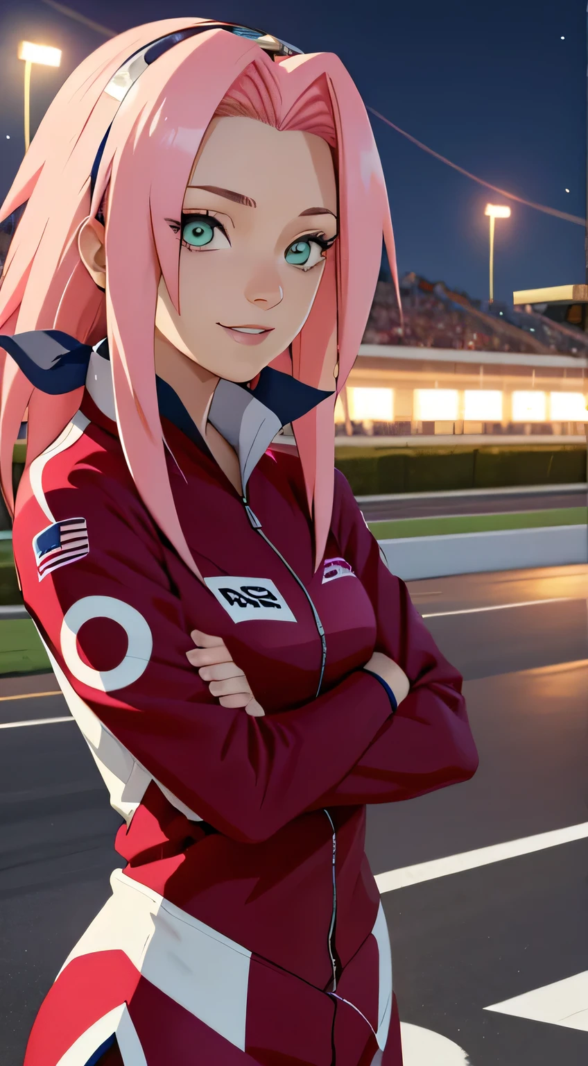 tmasterpiece， Best quality at best， 1girll， Sakura Haruno， Raised sexy，is shy，ssmile，with pink hair， long whitr hair， （Green eyeballs:1.4)， blue forehead protection， wearing nascar suit, standing next to a formula car, night race in circuit,
