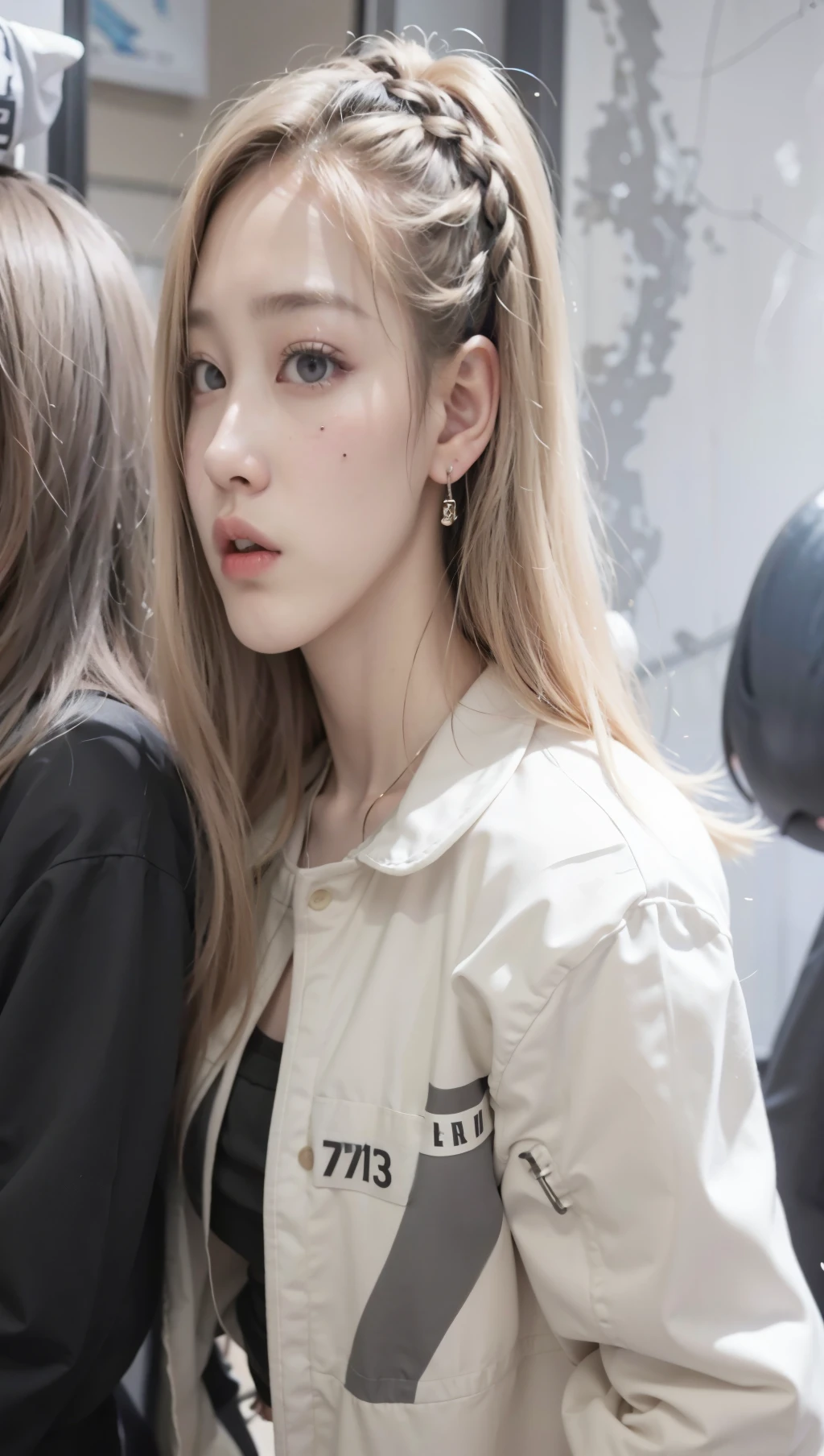 un primer plano de una persona con pelo largo y una chaqueta, jossi de blackpink, portrait of jossi de blackpink, parque roseanne de blackpink, jisoo de blackpink, Jisoo de Blackpink, su cabello es blanco, retrato de jisoo blackpink, ella tiene cabello rubio, heonhwa choe, sun yunjoo, korean idol, jia, portrait of female korean idol, jinyoung shin