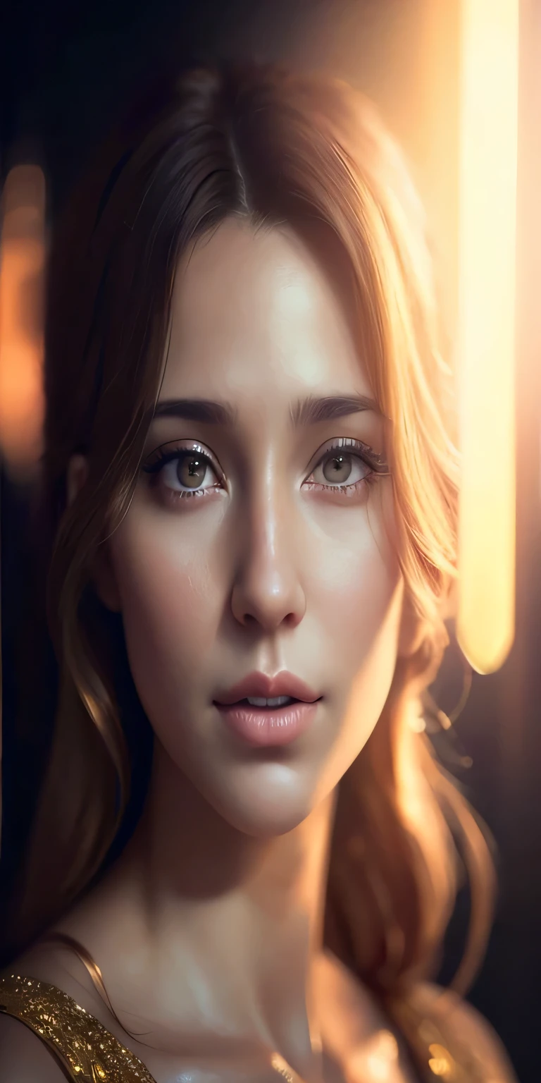 Close-up of a woman in a golden dress and light, shining on her face, realistic digital art 4k, realistic digital art 4 k, realistic digital painting, ultra realistic digital painting, cinematic realistic portrait, photorealistic digital arts, photorealistic digital painting, 8 k realistic digital art, photorealistic beautiful face, realistic. beautiful lighting, ultra-realistic digital art