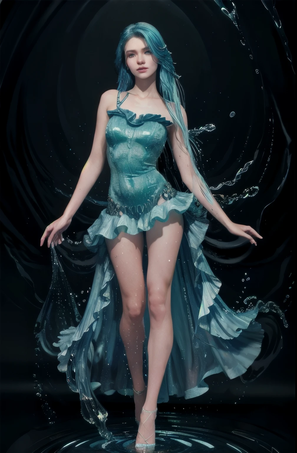 (masterpiece, best quality, high quality, highres, ultra-detailed), 1girl,solo,light_blue_hair,(liquid hair:1.2),liquid shoes,  long hair,floating hair, full body, standing,sundress, liquid clothes,water dress,  best quality, 8k, detailed skin texture,  beautiful detailed face, intricate details, ultra detailed,dancing,    skirt_tail,