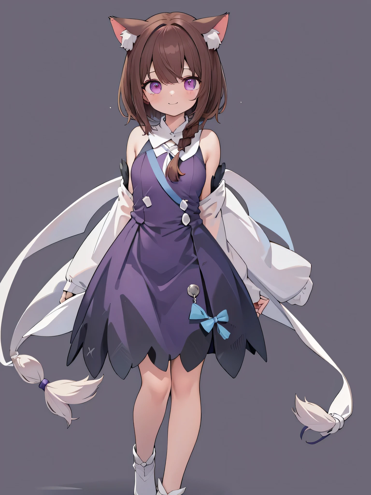 {bestquality},{{masterpiece}},{highres},extremelydetailedCG,extremelydetailed8Kwallpaper,extremelydetailedcharacter,looking at viewer,full body, 1girl,solo, nekomimi,brown hair,short hair, braid,cat ears, smile,purple eyes, white background,full body, arms behind back, on_front, outfit-me,