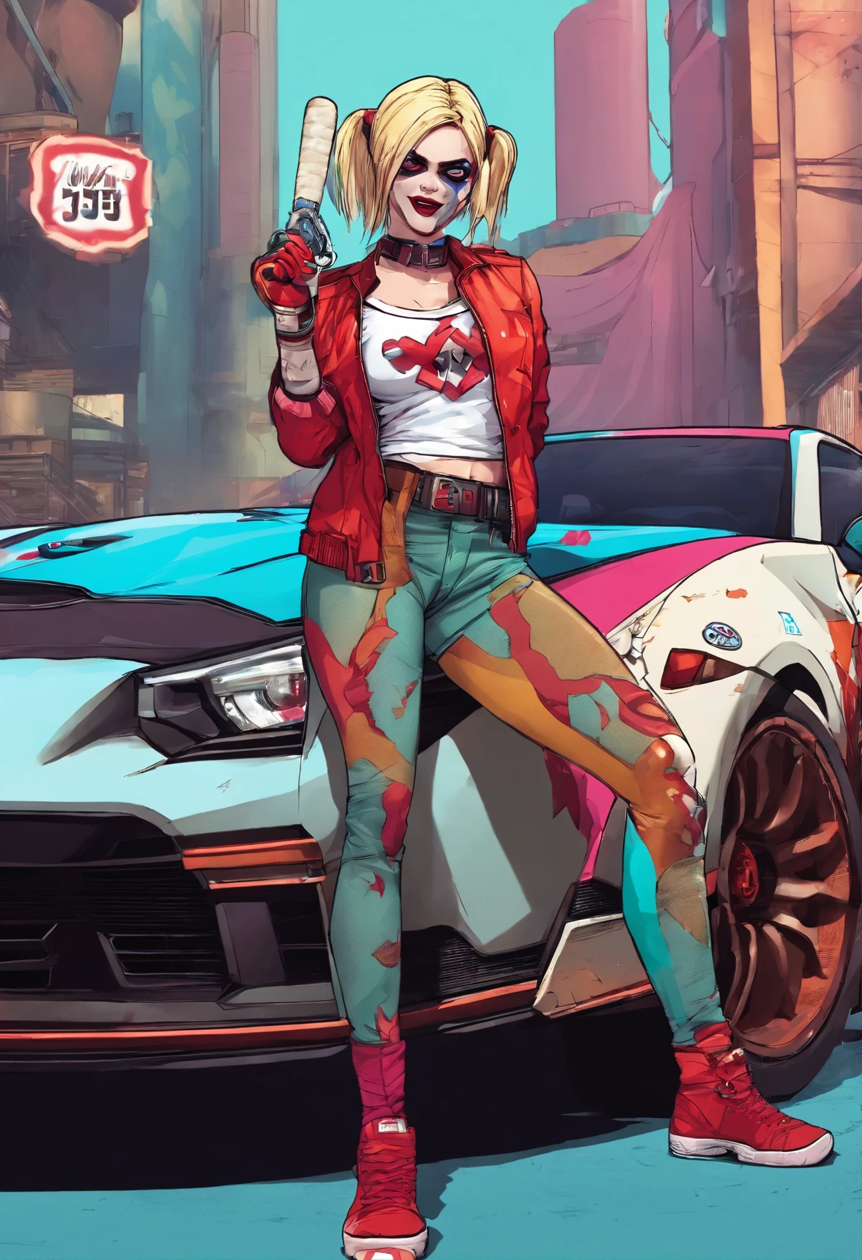 Harley Quinn qui pose en tenant sa batte de baseball pleine de sang  devant une nissan GTR 35 Nismo blanche de profil dans un environnement industriel