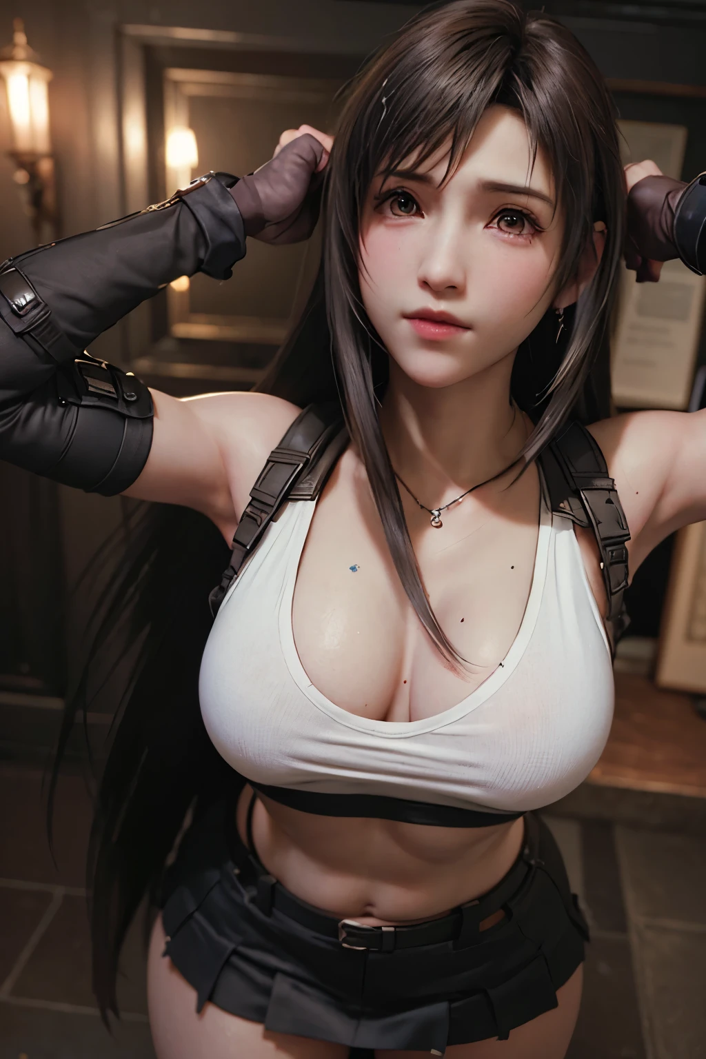 (Top Quality, Masterpiece: 1.1), (Realistic: 1.3), BREAK (((FF7,Tifa_lockhart))),(tifa_lockhart and monsters)(A dark, barely lit torture chamber:1.3),(face focus:1.1) BREAK (((FF7,Tifa_lockhart))),(Light Brown Hair, large breasts),(Tifa_lockhart uniform:1.3, suspenders, low rise, mini skirt, transparence tank top),clothed:1.2, BREAK (((FF7,Tifa_lockhart))),(crowd of monster:1.3),(many monsters:1.2), dry hair, about 18 years old, sexy face, sensual, looking away:1.2, monsters attaking,Tifa_lockhart faghting