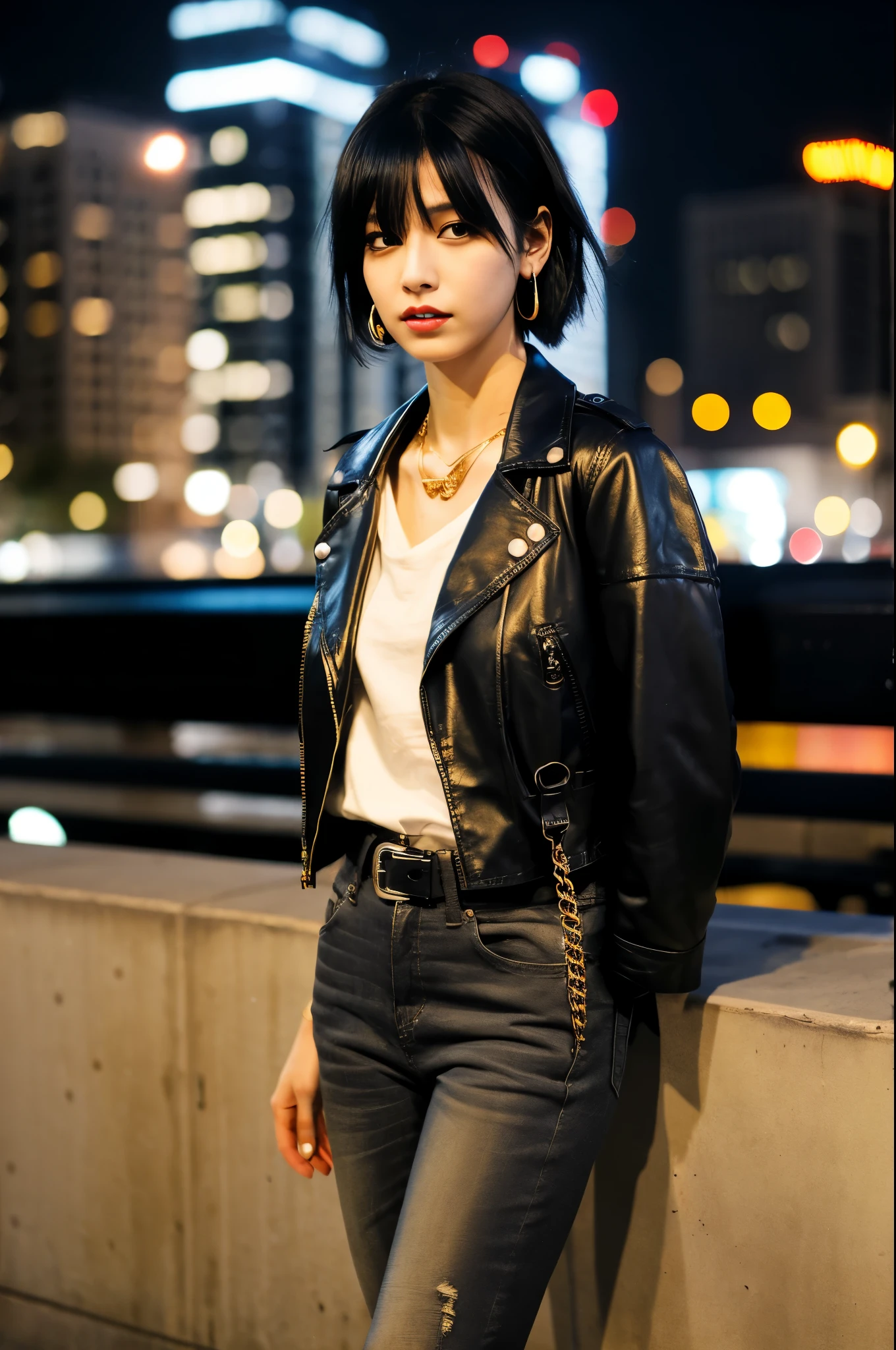 photo of a boyish woman,shortcut,black hair,punk fashion,whole body,black mask,leather jacket,Slim fit jeans,Dr. Martens Boots,leather belt, golden earrings,golden necklace,downtown at night,white t-shirt