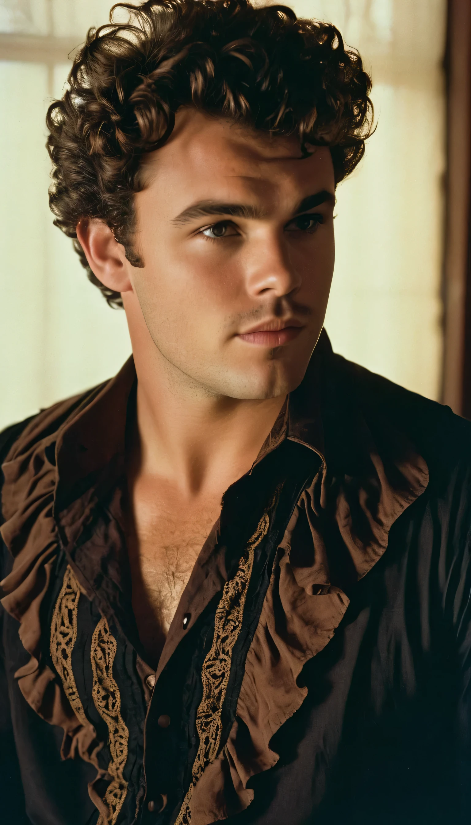 Vintage photo of a young man, 25 years-old, brown-black hair, short curly quiff haircut, brown eyes, body hair, caucasian, round face, oval-shaped jawline, bulbous nose, full lips, thick eyebrows, soft features, stocky broad frame, chubby, overweight, handsome, resembles John C Reilly, wearing a ruffled pirate shirt, hairy chest, silhouette, backlit, split lighting, half face in shadow, RAW Photograph, dslr, hard lighting, hard shadows, high quality, film grain, Fujifilm XT3, detailed skin with visible pores, insane details, masterpiece, 8k, 35mm photograph, dslr, kodachrome, faded film, desaturated, 35mm photo, grainy, vintage, Kodachrome, Lomography, stained, highly detailed, found footage