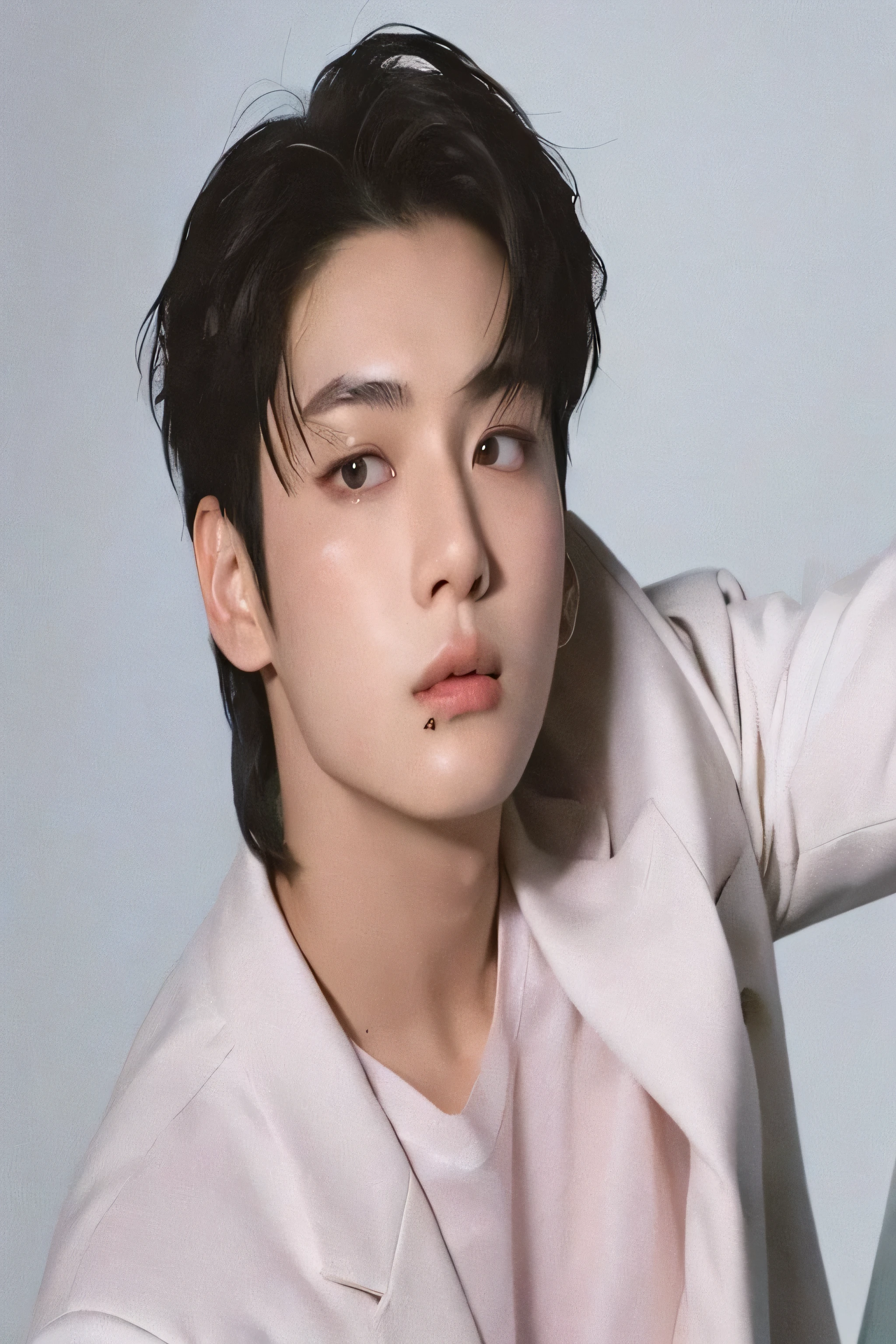 Araffated Asian man wearing a white shirt and a pink jacket., Cai Xu Kun, jungkook, esojun chengt, hyung tae, Won Bin Lee, Jung Jaehyun, jinyoung shin, Hong June Hyung, kim doyoung, kim taejin, inspirado en Bian Shoumin, sakimichan, inspirado en Yanjun Cheng, eso, young pale angel